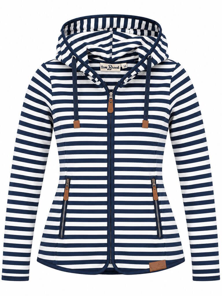 tomBrook Fleecejacke 50699 Kapuzenjacke Fleece Maritim Streifen - Gestreifte Kapuzenjacke Taillierter Schnitt, Frontreißverschluss, Kapuze mit Bändern, Taschen