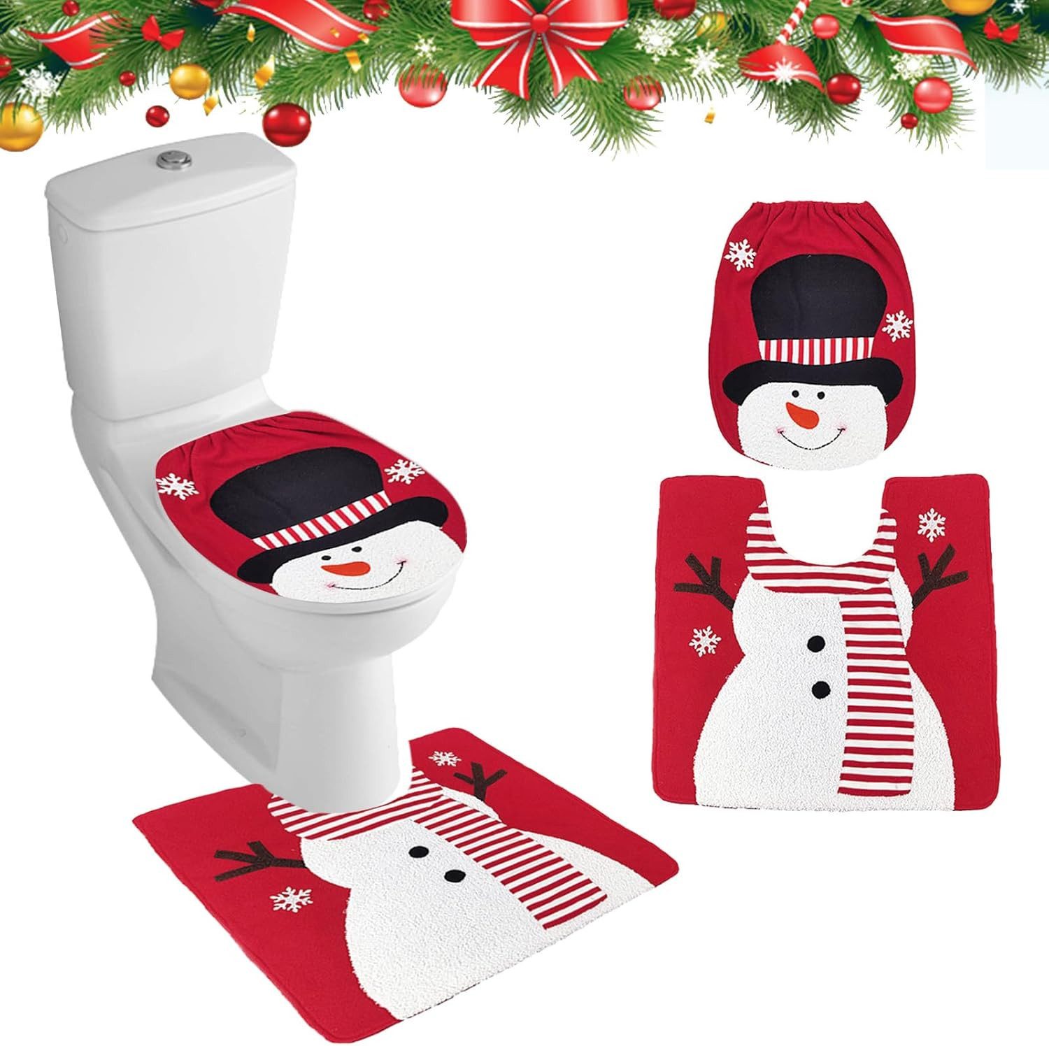 Coonoor WC-Deckelbezug 2 StückeToilettensitzbezug Weihnachten Teppich Set für Badezimmer, Weihnachtsmann Schneemann Elch Toilettensitzbezug Dekorationen, Toilettendeckelbezug