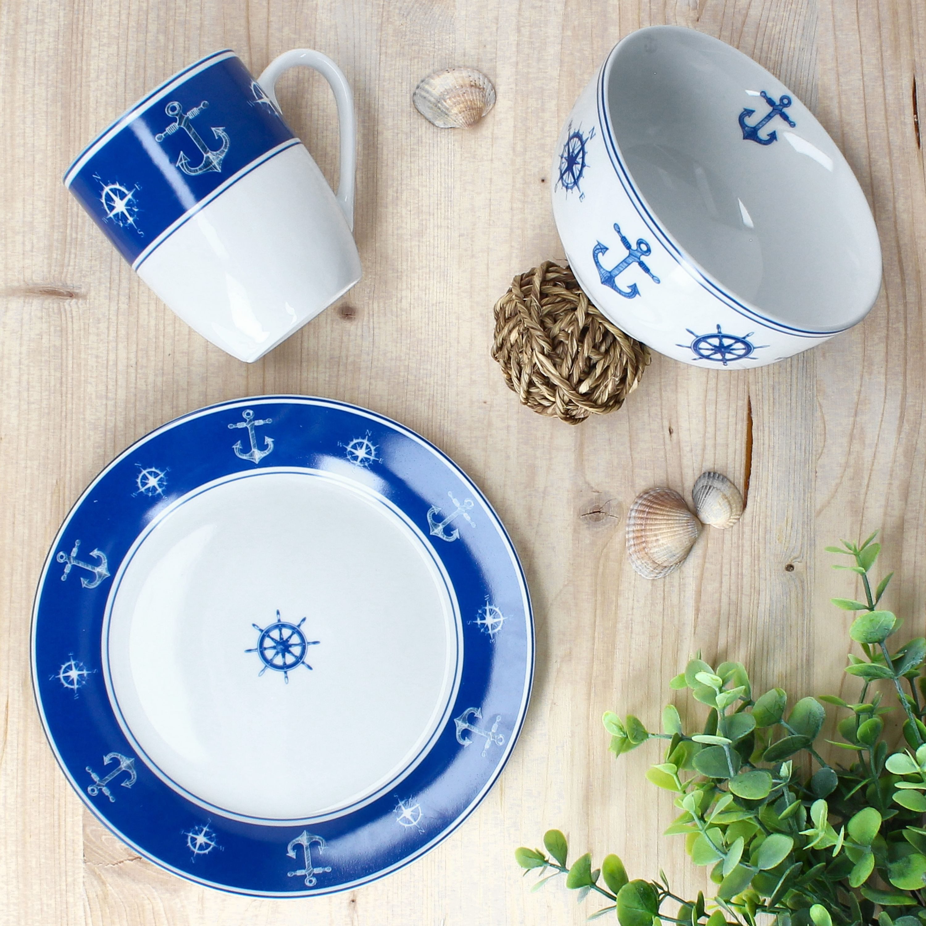 MamboCat Frühstücks-Geschirrset MamboCat Ahoi 18tlg maritimes Frühstücksset Teller Schale Becher, Porzellan