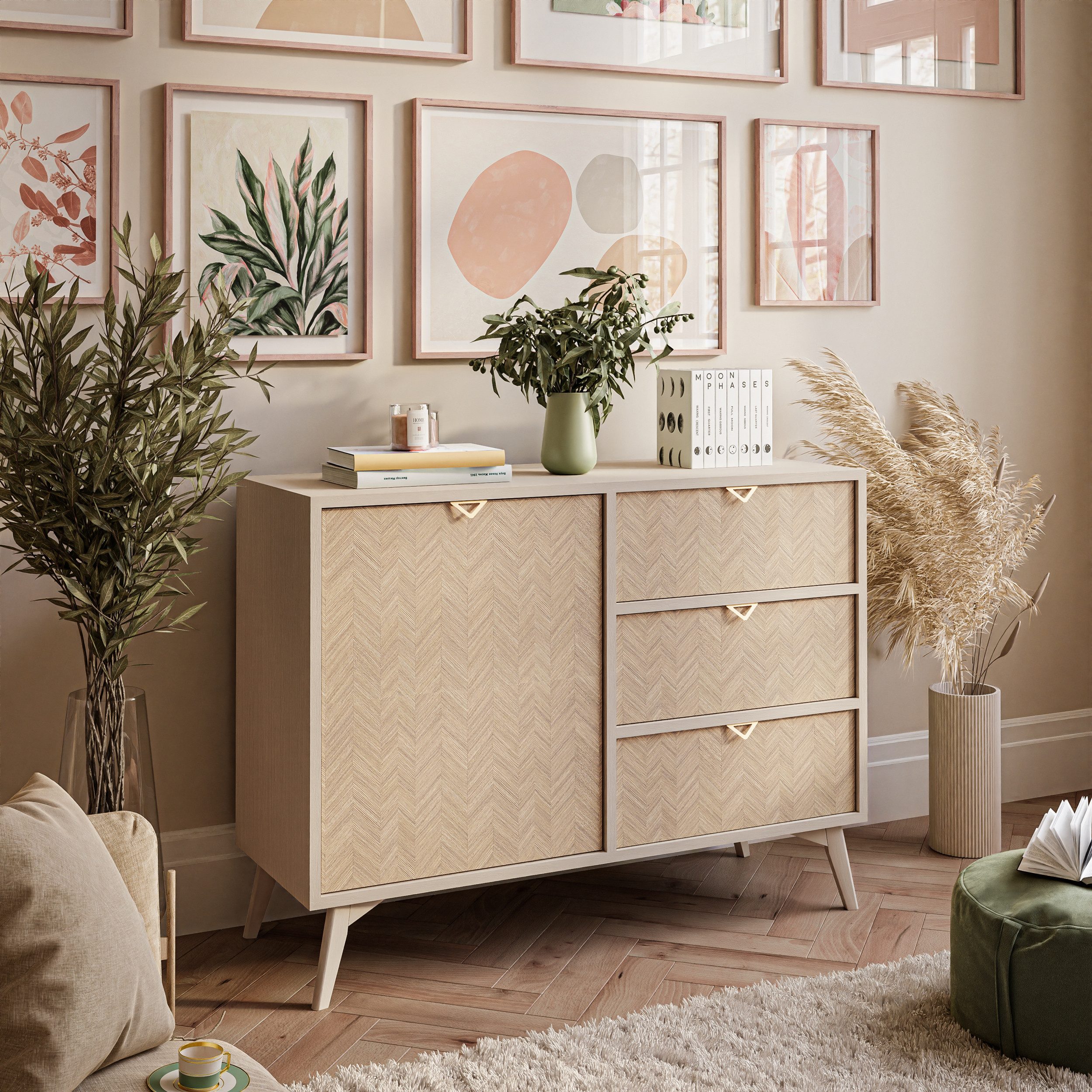 Lookway Kommode ALOE KSZD106 mit Drehtür und drei Schubladen, 106x38x80 cm – Bild 3 von 5