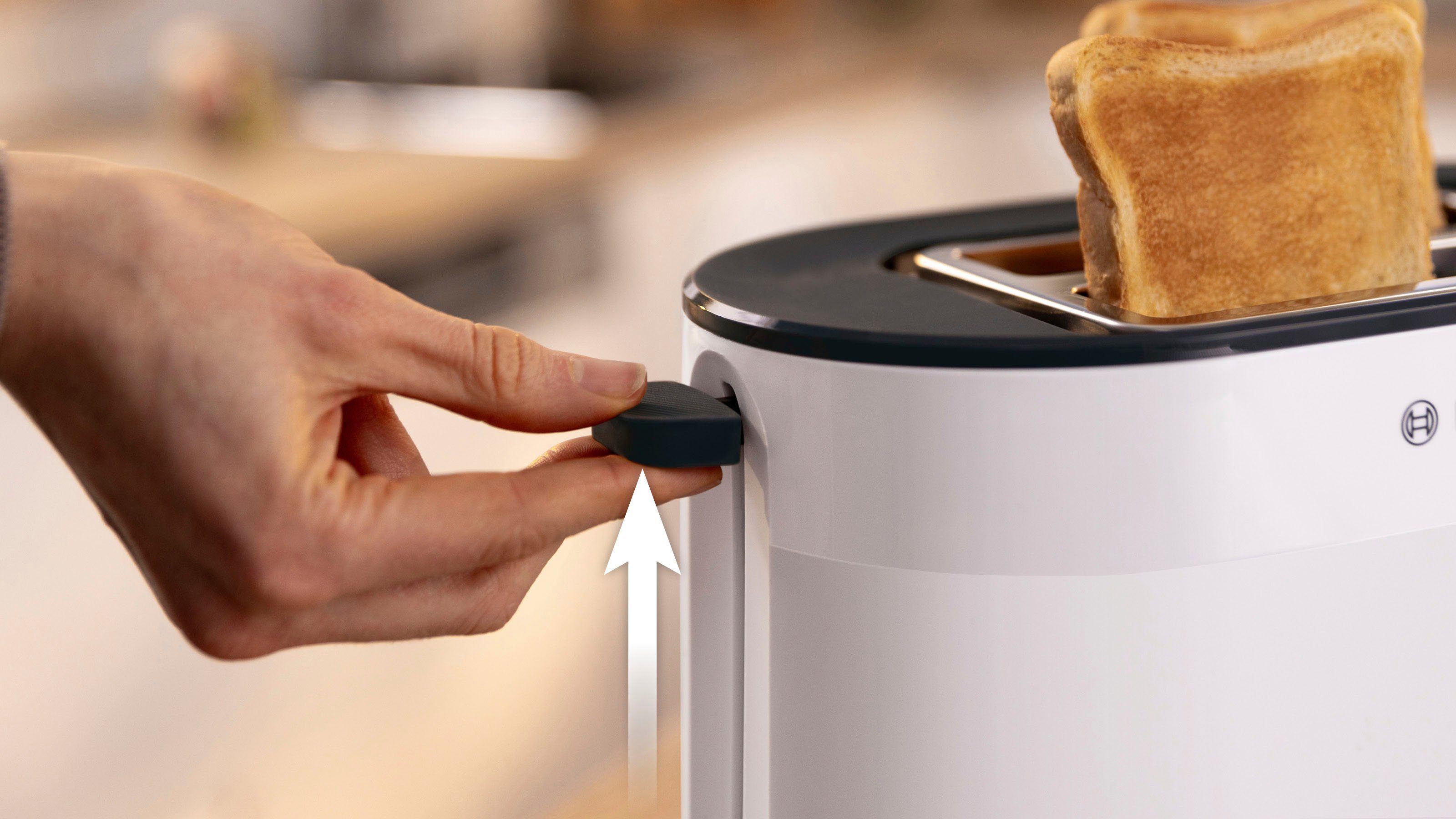 BOSCH Toaster MyMoment TAT2M121, für 2 AutoOff Schlitze, Auftaufunktion, 2 W, integrierter 950 Brötchenaufsatz, Brotzentrierung, Scheiben