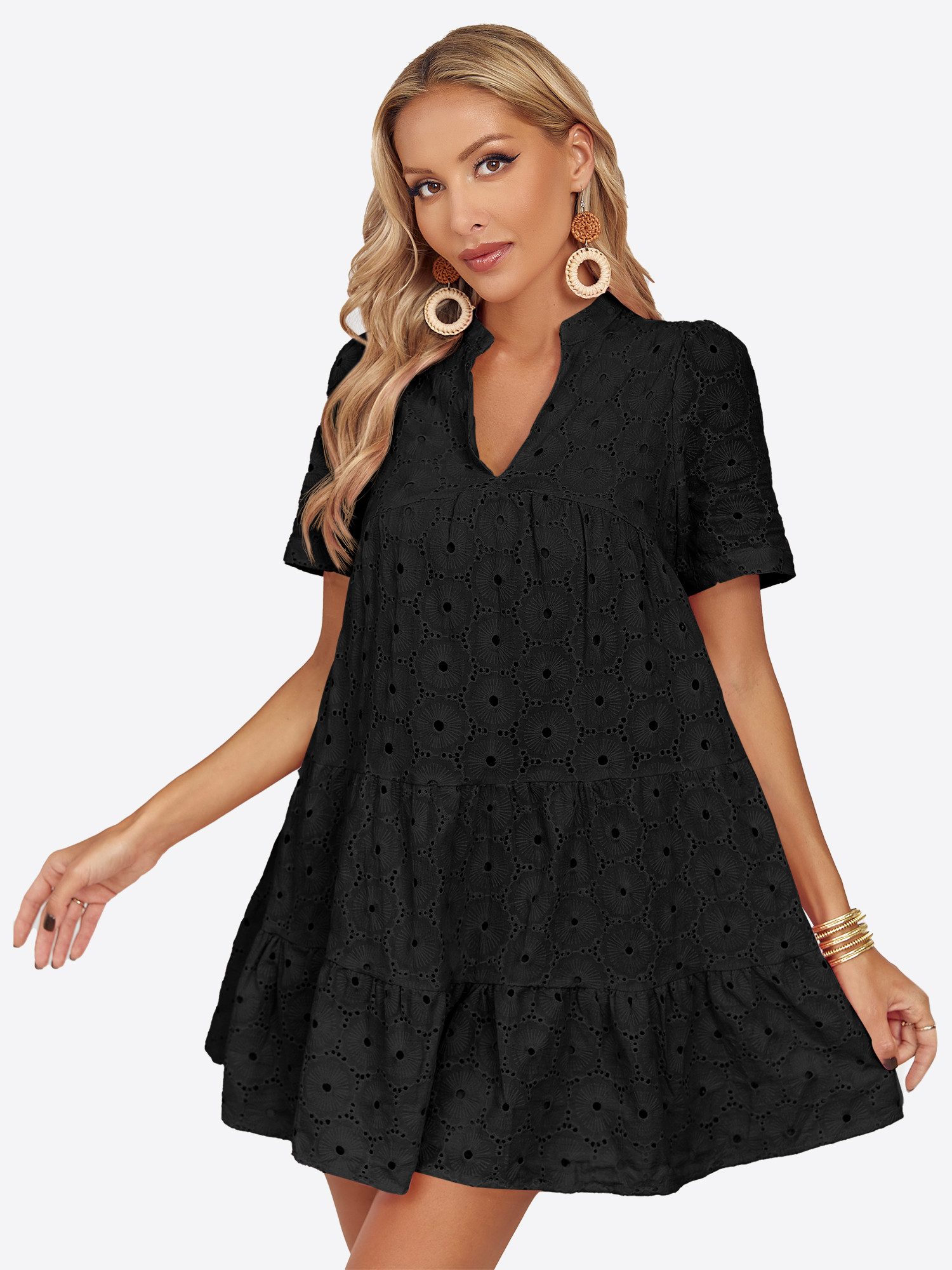 Imily Bela Spitzenkleid Damen Lochstickerei Freizeitkleid mit Puffärmeln (Packung, 1-tlg., 1per-Pack) mit V-Ausschnitt