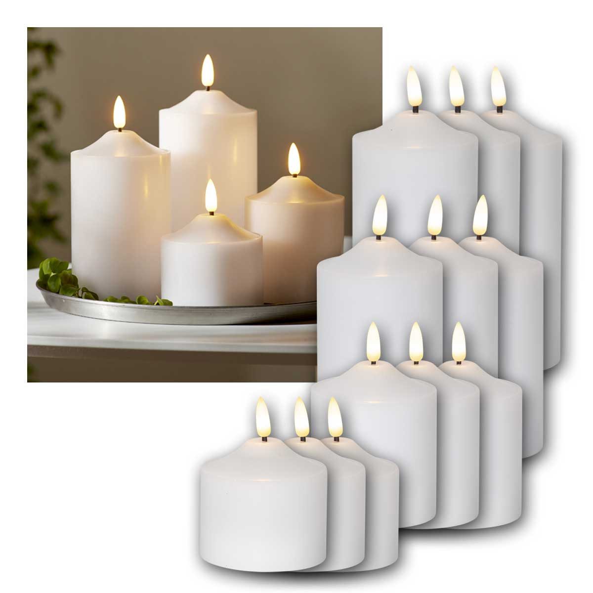 STAR TRADING LED-Kerze 12er Set LED Stumpenkerze 3D-FLAMME Timer, warmwei, warmweiß