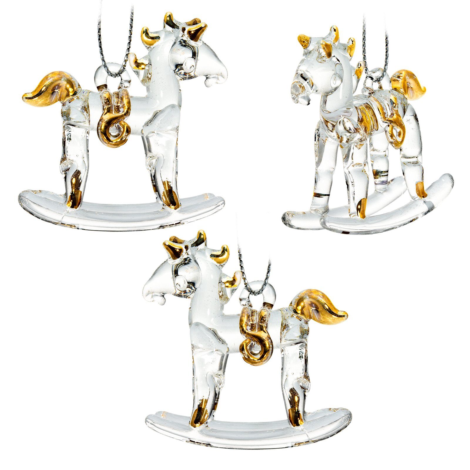 Christbaumschmuck SIKORA Set Glas Anhänger 3er Weihnachtsbaum BS150 Schaukelpferd Figur