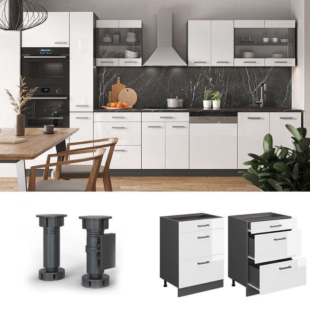 Vicco Unterschrank R-Line Weiß Hochglanz/Anthrazit 60 mit Schubladen ohne Arbeitsplatte (1-St) – Bild 3 von 5