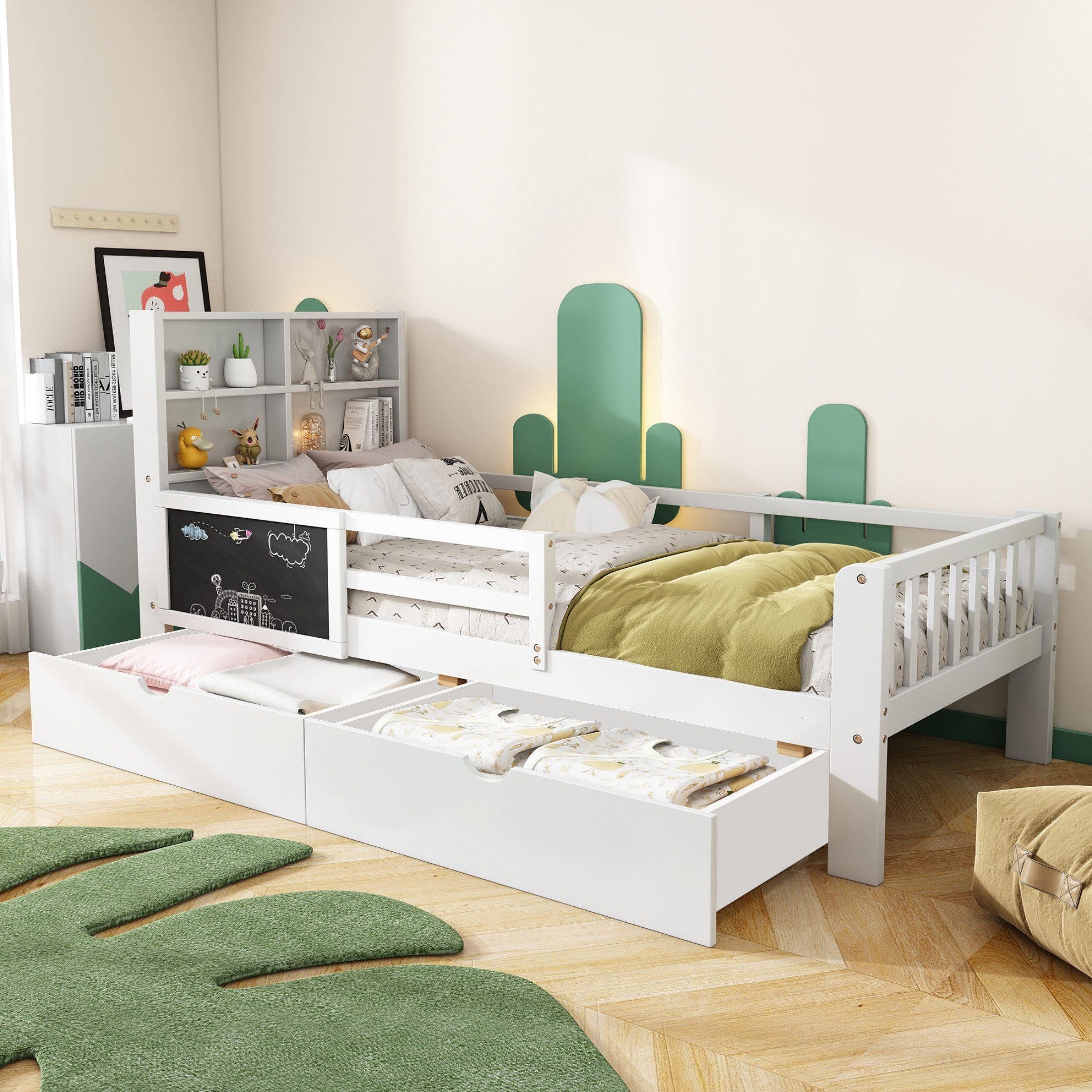 autolock Kinderbett Massivholzbett Einzelbett mit Mehrfunktionen Schubladen und Tafel (90*200 cm ohne Matratze), Bettgestell Heimbett für Jungen und Mädchen