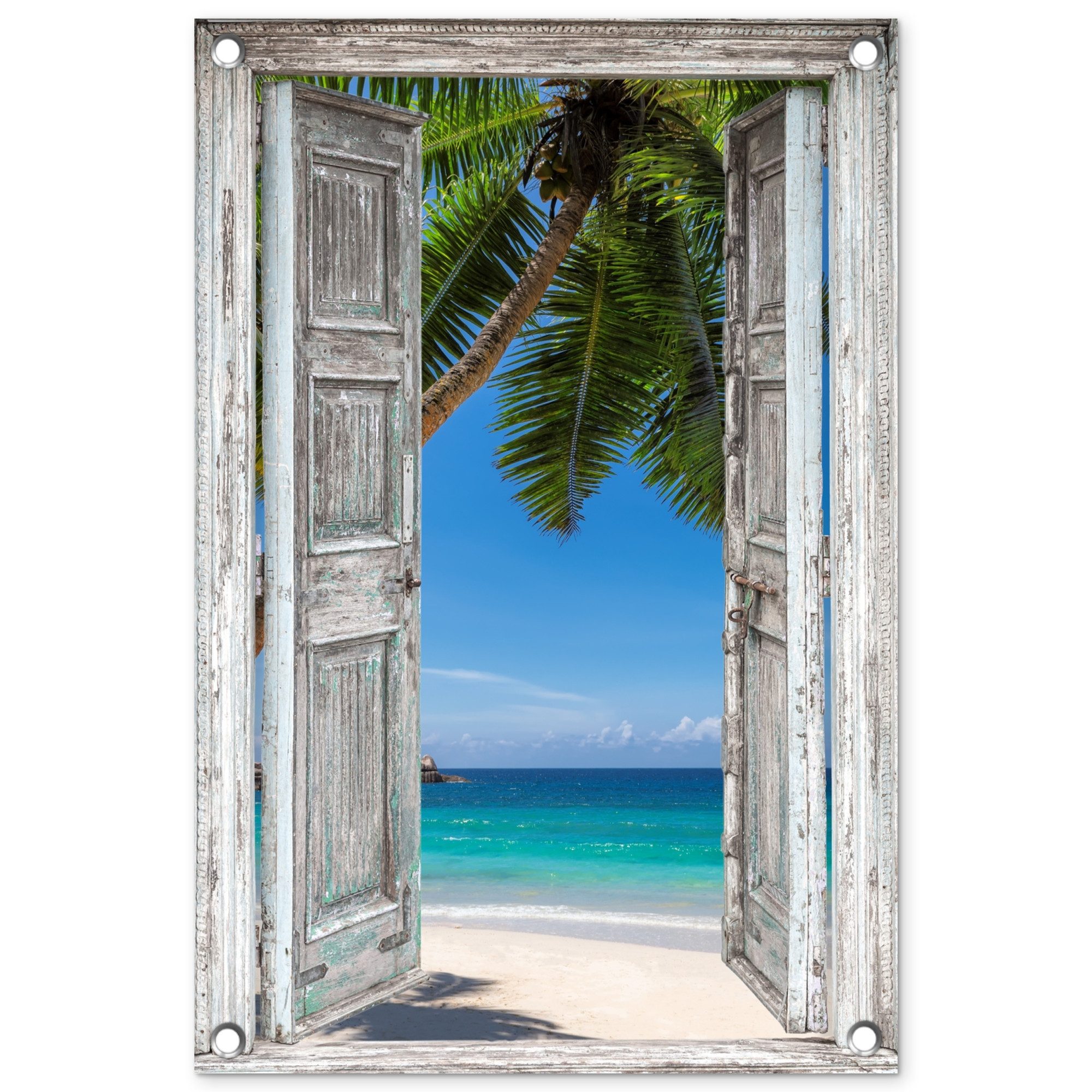 OnlyWow Poster für Garten Strand - Aussicht - Palme - Meer - Insel - Weiße Tür, Gartenposter, Outdoor Bilder, Terrasendeko Banner, 40x60 cm