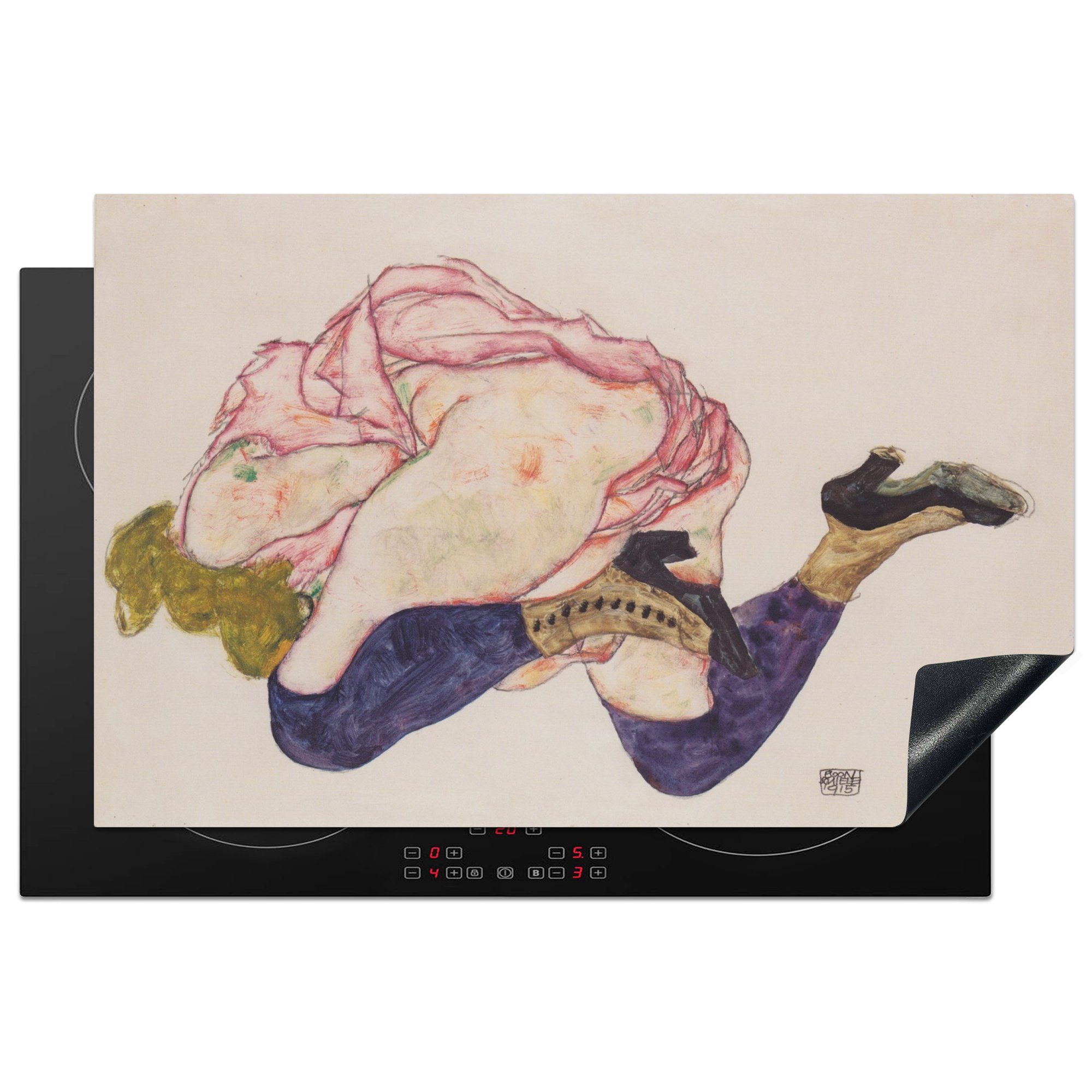 MuchoWow Herdblende-/Abdeckplatte Kniende mit bauschigem Kopf - Gemälde von Egon Schiele, Vinyl, (1 tlg), 81x52 cm, Induktionskochfeld Schutz für die küche, Ceranfeldabdeckung