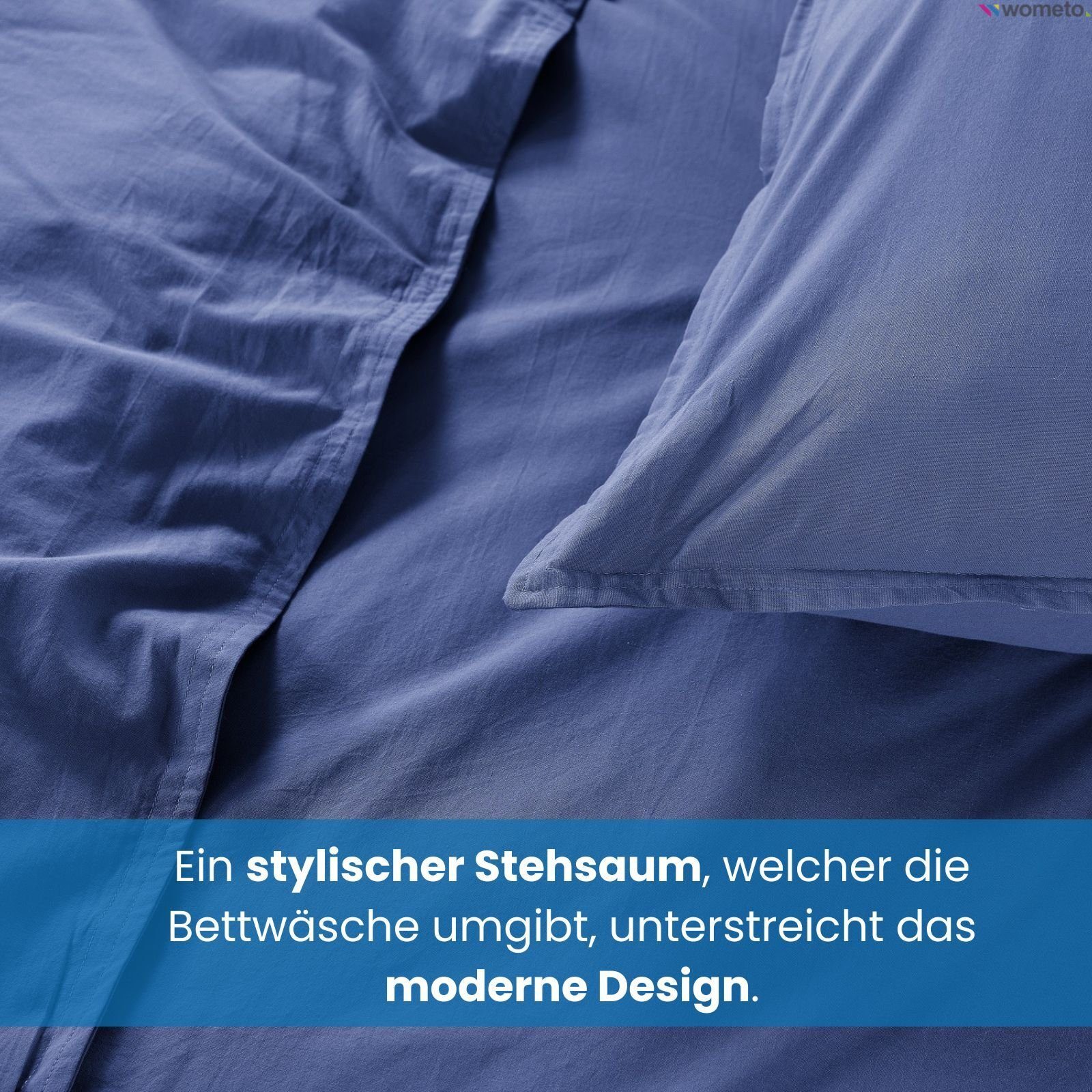 Bettwäsche Washed, Baumwolle wometo, 2 blau Used-Effekt Stone mit Baumwolle, Stehsaum teilig,