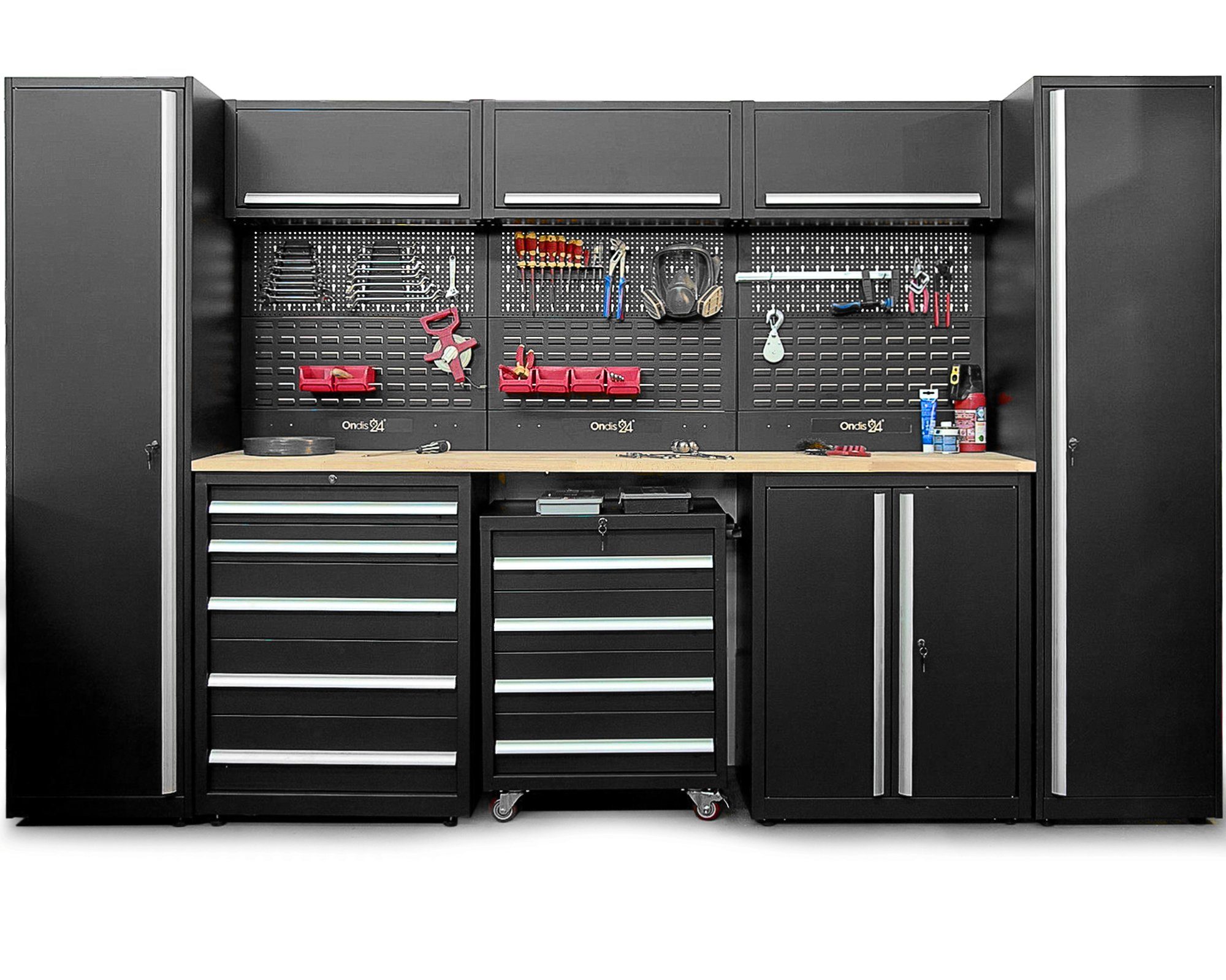 ONDIS24 Werkstatt-Set Werkstatteinrichtung XXL SteelMaster 325 x 55 x 202 cm, schwarzer Stahl, Werkbank, Werkzeugschränke, Buchenholzarbeitsplatte