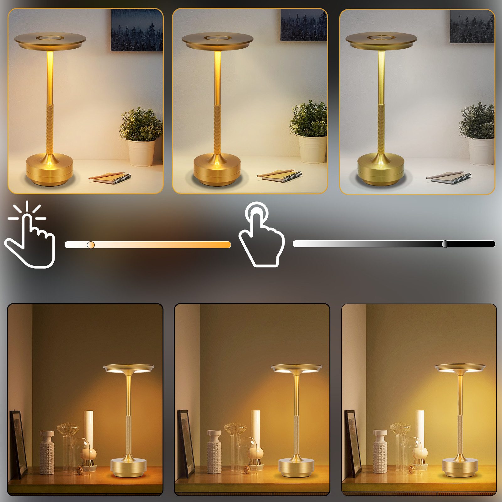 ZMH LED Tischleuchte kabellose Akku-Nachttischlampe, Dimmbar, Touch-Steuerung, 3 Lichtfarben, USB-C-aufladbar, LED fest integriert, Warmweiß, Neutralweiß, Kaltw – Bild 2 von 5