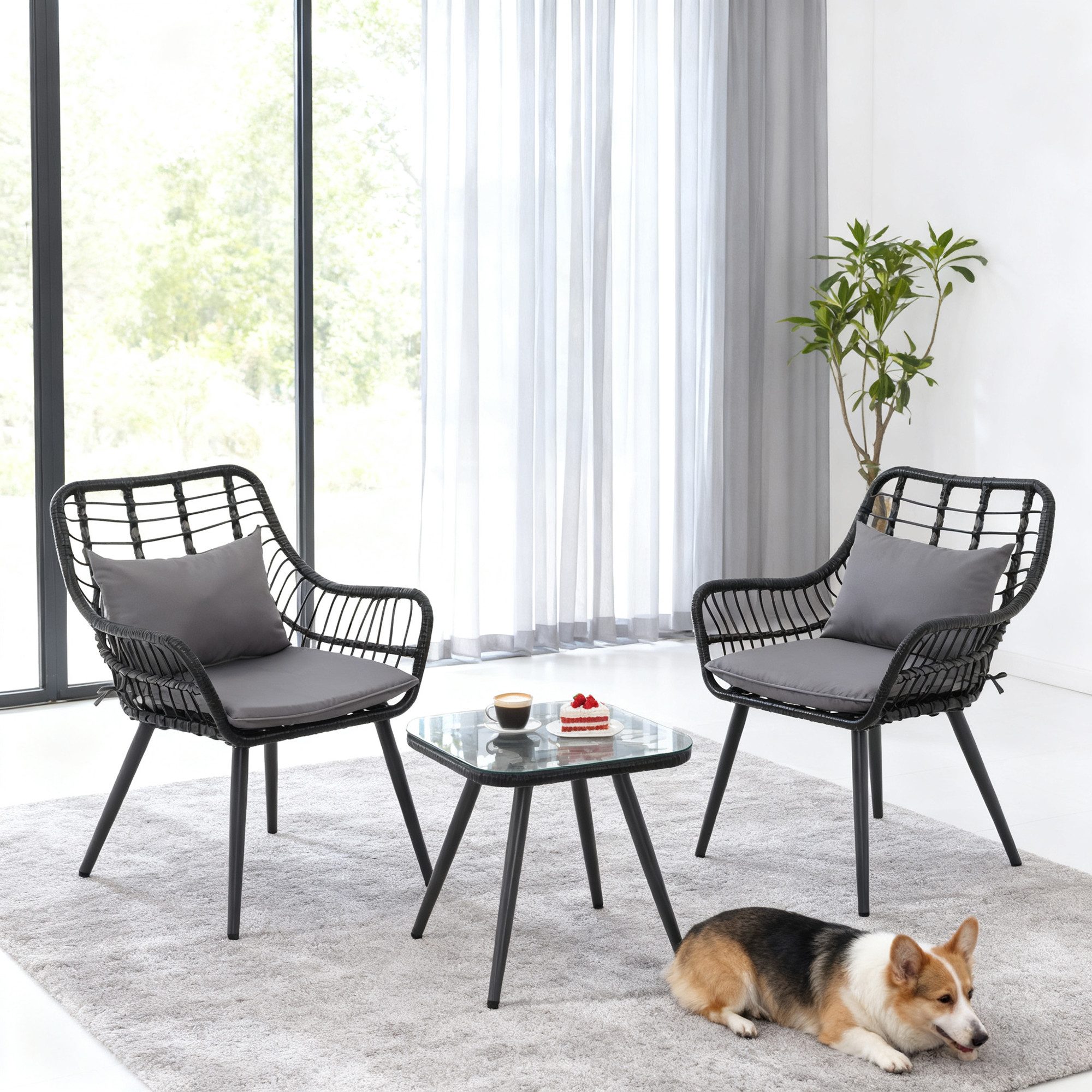 JOIVI Balkonset Bistro-Set, Gartenmöbel-Set, Balkonmöbel-Set für 2 Personen, (aus handgewebten Rattan, Beistelltisch mit Glastischplatte), 2 Stühle + 1 Beistelltisch