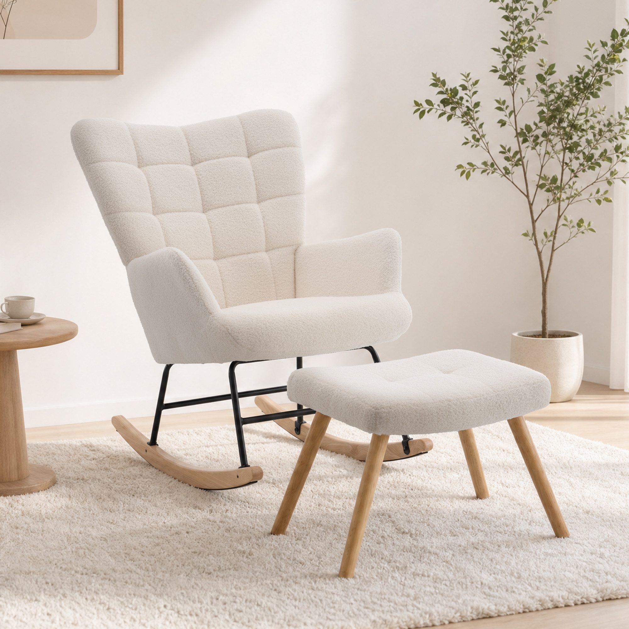 STILVORA Schaukelstuhl Schaukelsessel wohnzimmer Relaxsessel mit Fußstütze,beige (Sherpa-Fleece & hoher Rückenlehne), für Wohnzimmer, Schlafzimmer, Leseecke und Ruhebereiche