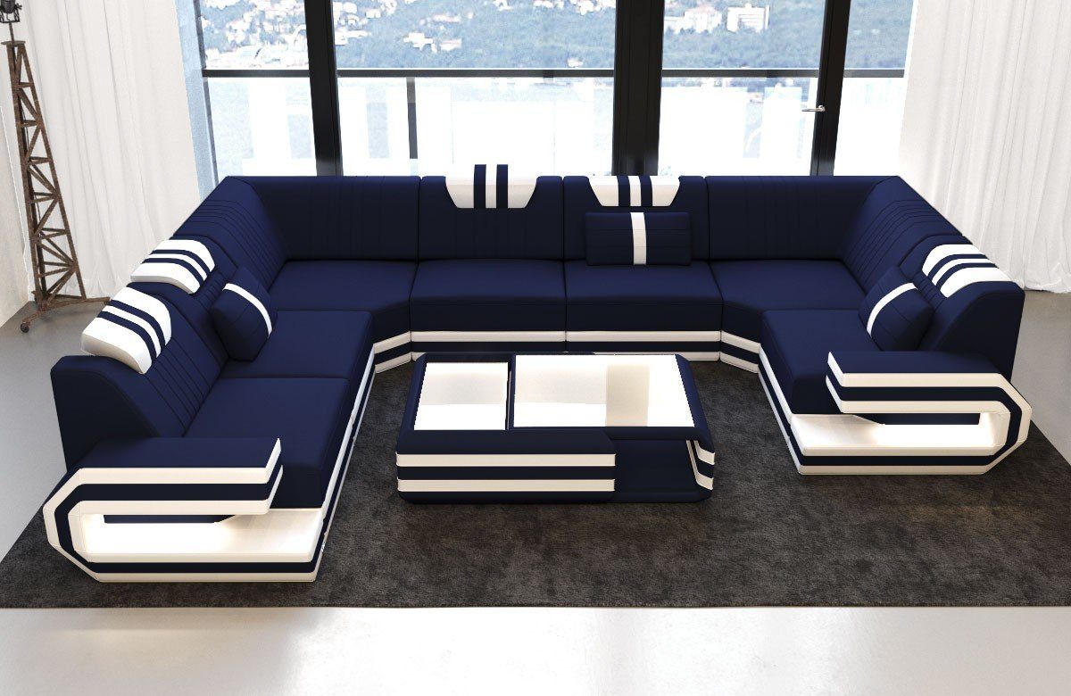 U Hocker Design Polster Sofa wahlweise M Couch Stoffsofa, Stoff Mikrofaser Form Wohnlandschaft mit Ragusa Sofa Dreams dunkelblau-weiß