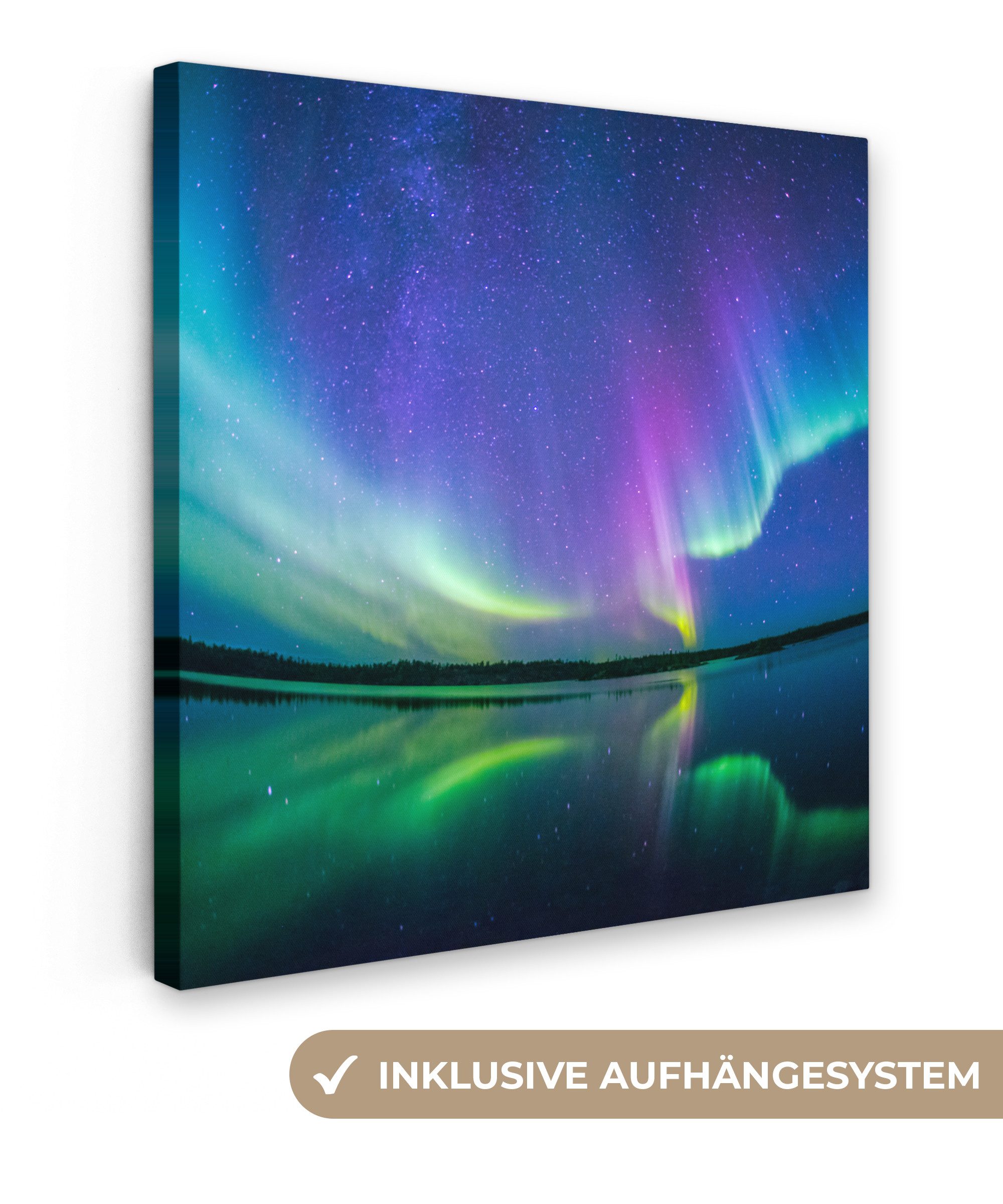 OneMillionCanvasses® Leinwandbild Nordlicht - Sternenhimmel - Reflexion, Fotodruck (1 St), Wandbild, Deko Schlafzimmer Wohnzimmer Flur 20x20 cm