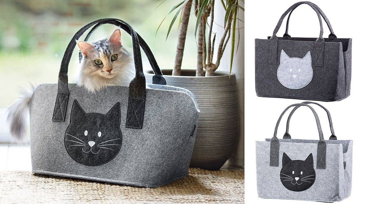 Dekoobjekt Filztasche in Dunkelgrau oder grau Katze Shopper Tragetasche, Handta