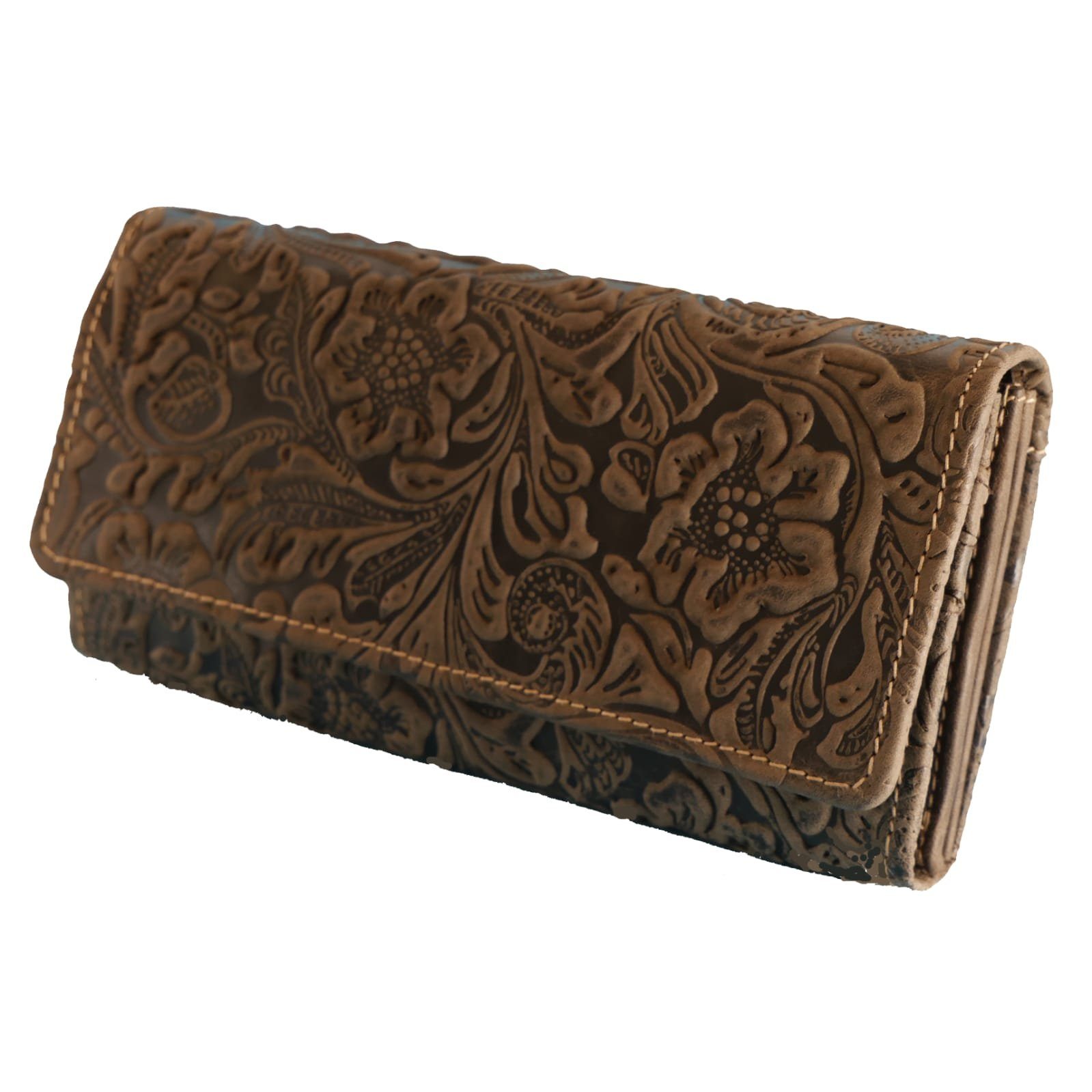 JOCKEY CLUB Geldbörse FLOWER & BIG, braun, geprägt, 12 Kartenfächer mit RFID Schutz, 3 Scheinfächer