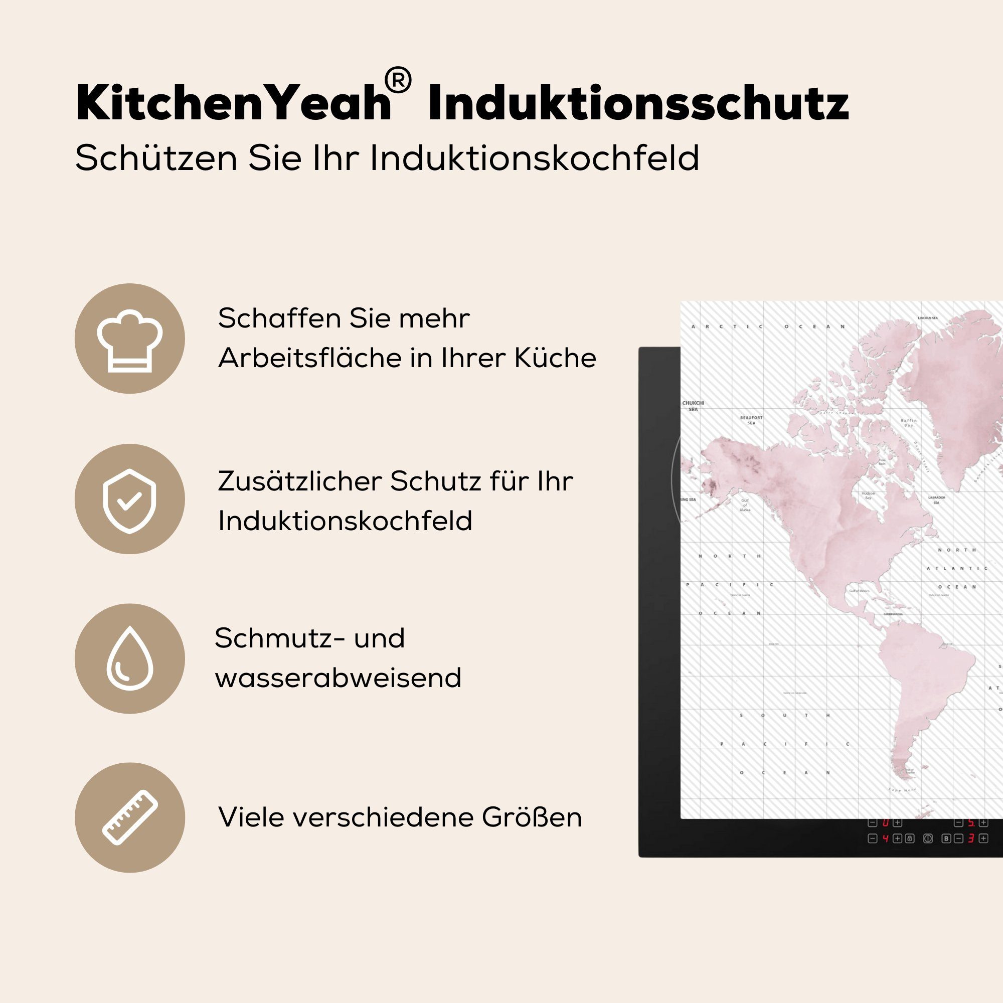 cm, küche, Herdblende-/Abdeckplatte Rosa - 81x52 - Induktionskochfeld für Weltkarte die Vinyl, Schutz Ceranfeldabdeckung Marmor, MuchoWow (1 tlg),