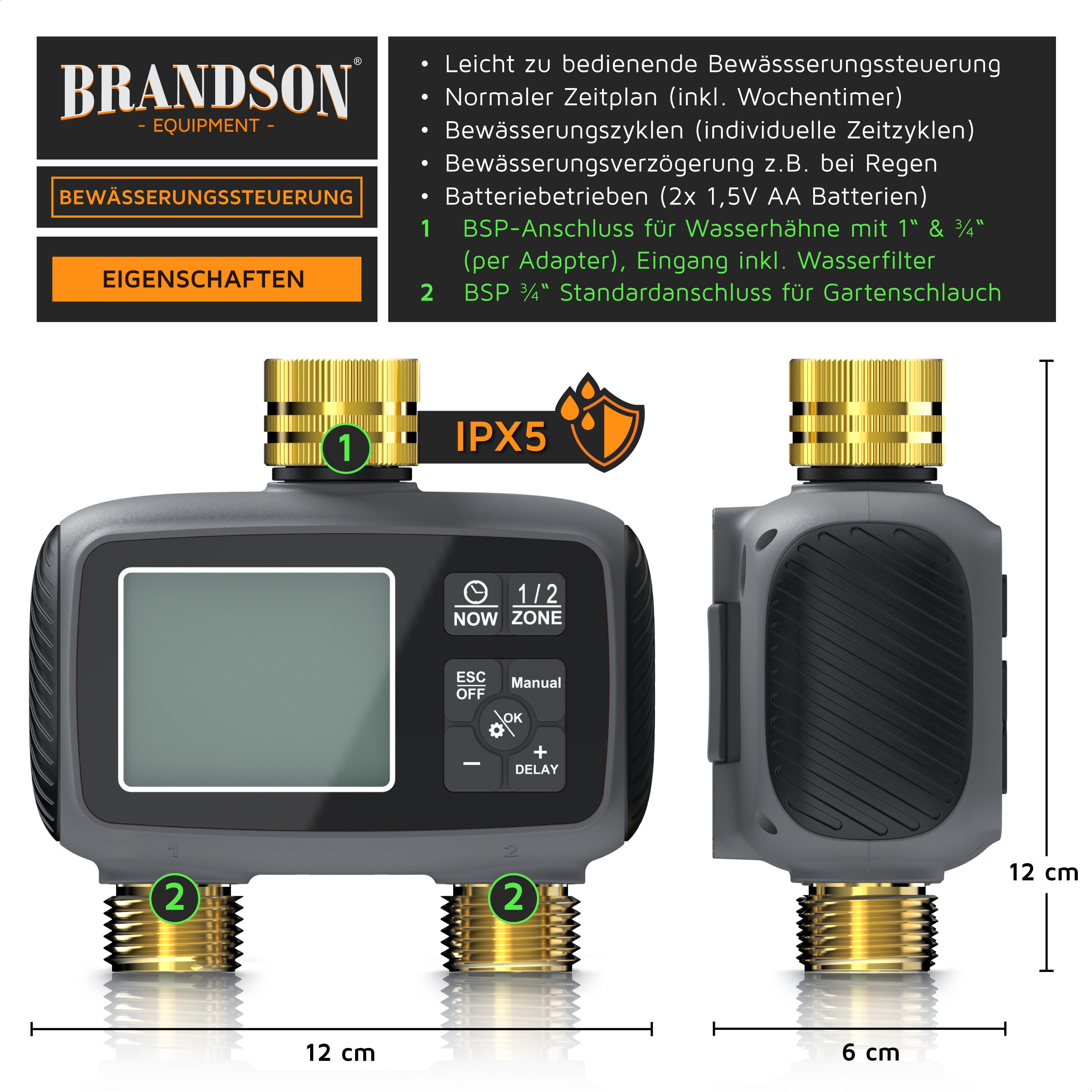 Brandson Bewässerungssteuerung 2-Zonen Bewässerungssystem, Garten Bewässerungscomputer, 2 Ausgänge, (Digitaler Bewässerungstimer), Display, Regenverzögerung, Wasserfilter, für Balkon Garten Terrasse