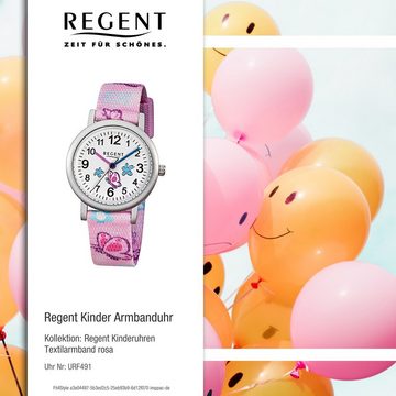 Regent Quarzuhr Regent Kinder-Armbanduhr rosa Analog F-491, (Analoguhr), Kinder Armbanduhr rund, klein (ca. 30mm), Textilarmband
