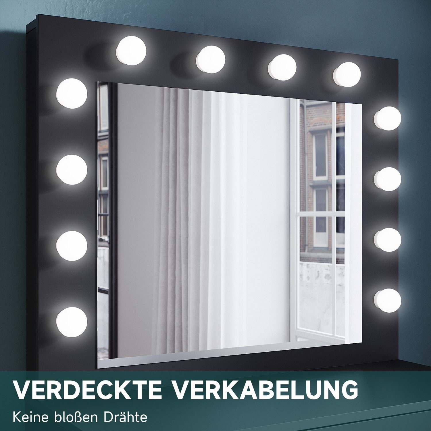 SONNI Schminktisch Schwarz/Weiß, mit LED-Beleuchtung, 80x40x140cm,3 Lichtmodi, mit Spiegel, Hocker, Schublade,Kosmetiktisch,Speicherfunktion