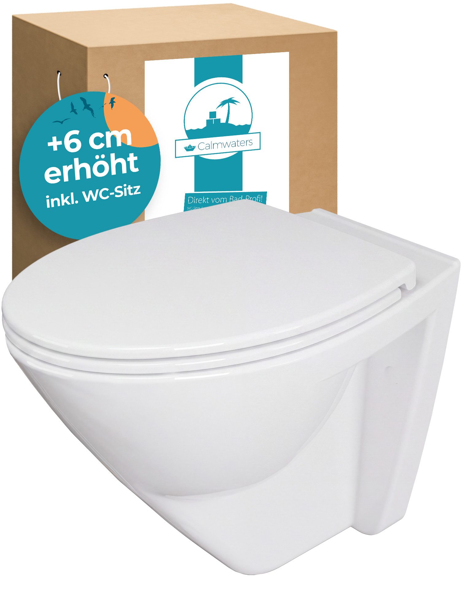 Calmwaters Tiefspül-WC Wand-WC spülrandlos mit Erhöhung, wandhängend, Wandmontage, Set mit WC-Sitz, Spülrandlos, 6 cm erhöht, WC-Sitz Absenkautomatik, Weiß, 08AB5815