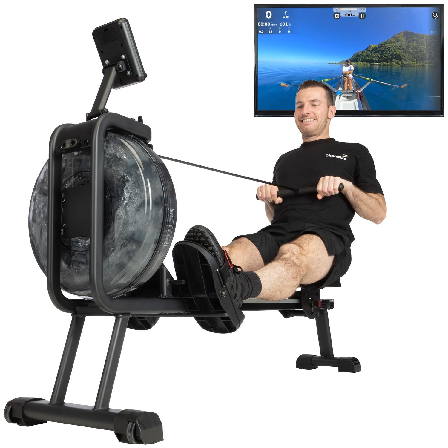 Skandika Rudergerät Mora, Wasser Rudergerät für Zuhause, mit Wasserwiderstand, aufstellbar, KinomapApp kompatibel, Bluetooth, Computer, Tablet Halterung, 90° Tank