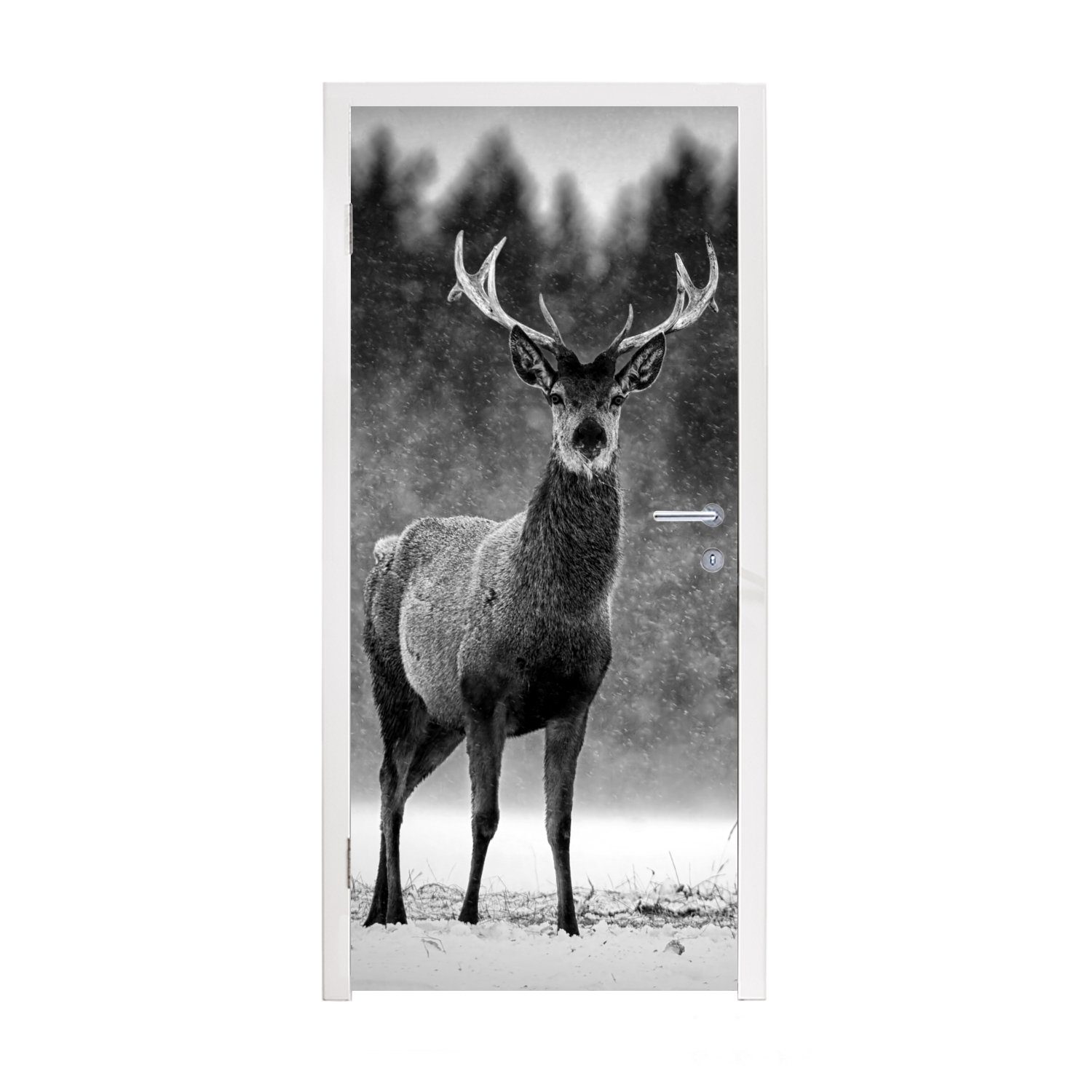 MuchoWow Türtapete Tiere - Hirsche - Winter - Schwarz - Weiß, Matt, bedruckt, (1 St), Fototapete für Tür, Türaufkleber, 75x205 cm
