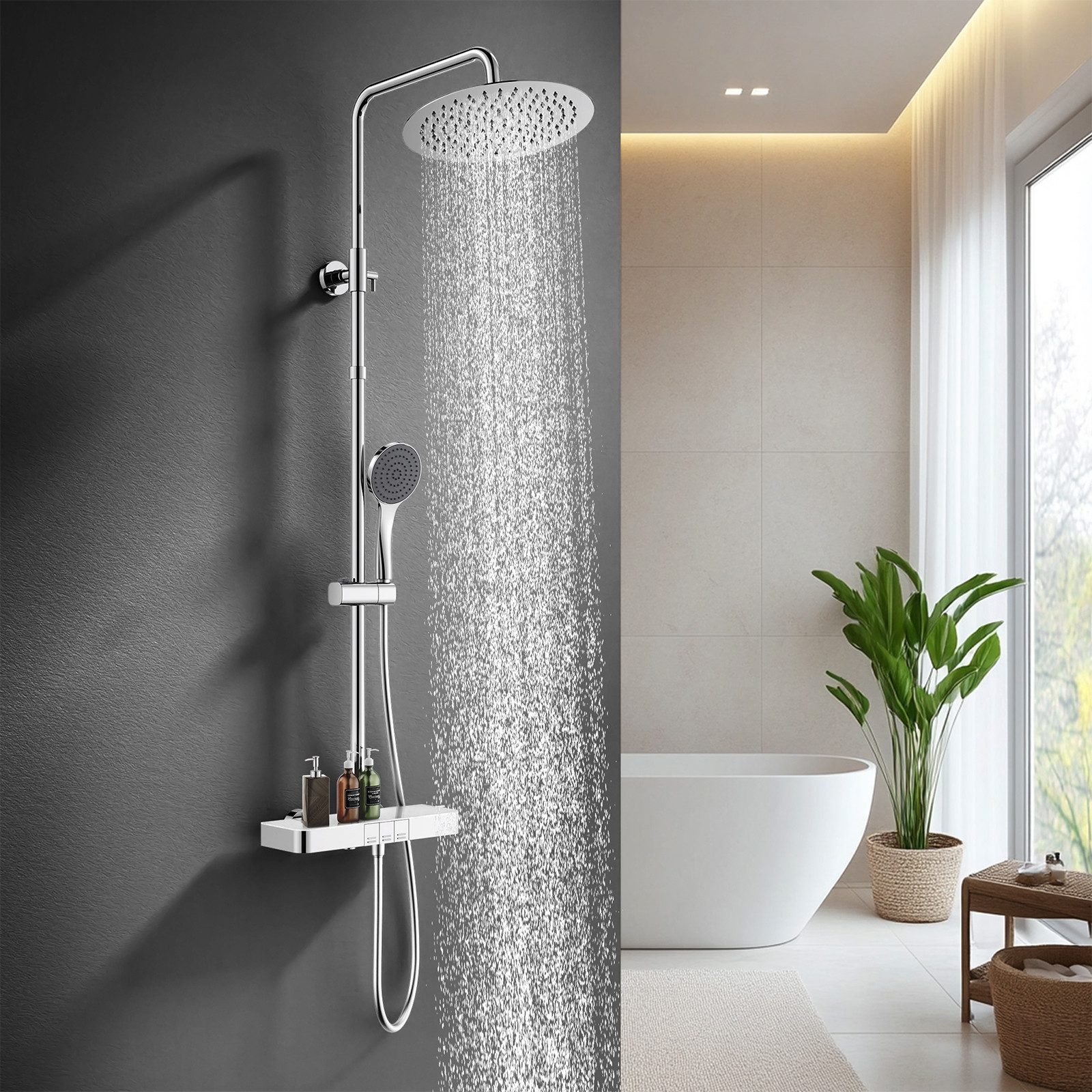 Duschsystem mit Thermostat, Ablage und Handbrause, 12" Regendusche