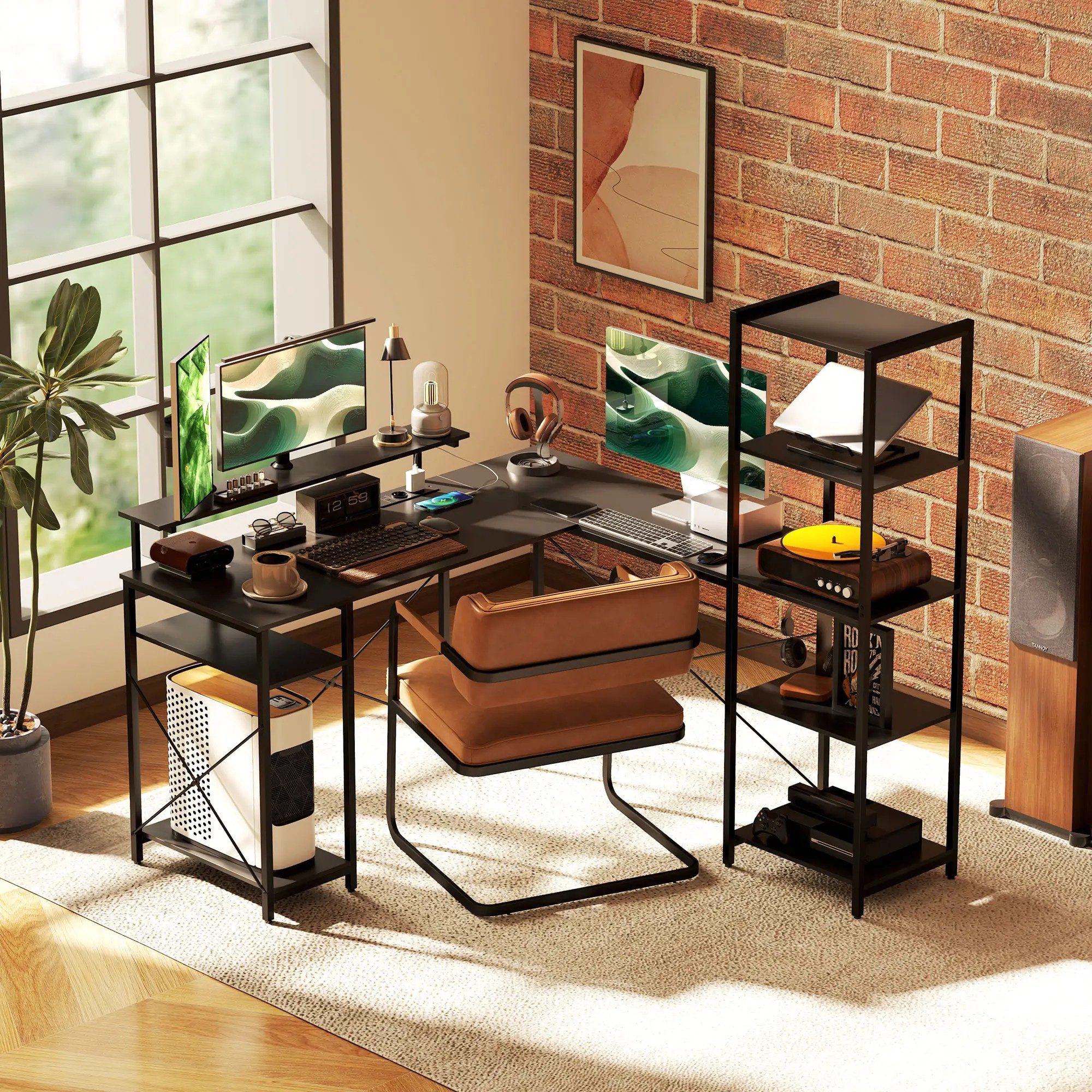MODFU Schreibtisch L-förmiger Computertisch 137x140x139,5 cm, Schwarz (Packung, 1-St., Eckschreibtisch mit 6 Ablagen, Monitorständer, USB & Steckdose), Ideal für Homeoffice, Büro & Arbeitszimmer