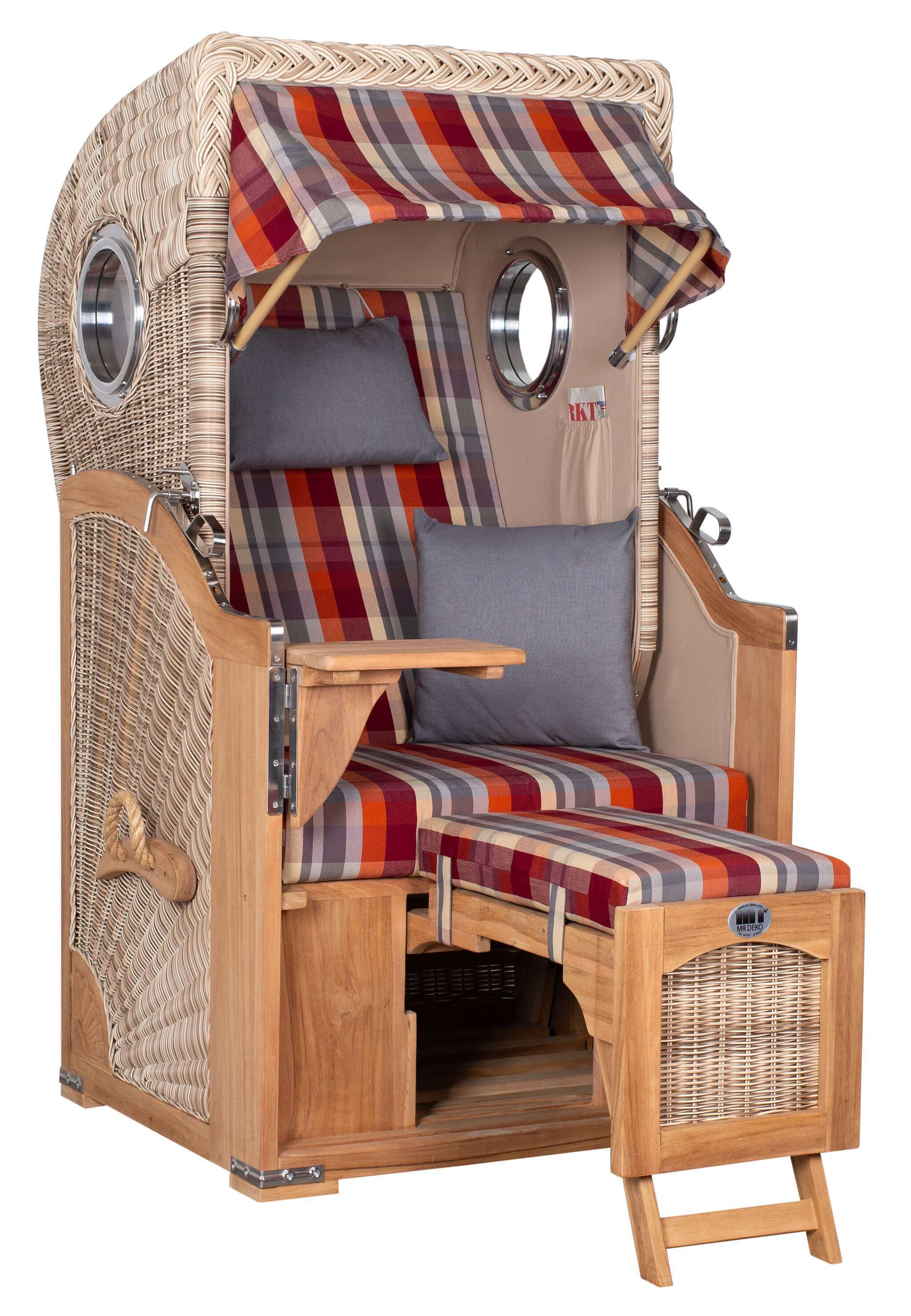 MR.DEKO Strandkorb 1-Sitzer Single Teak Shell Volllieger mit Bullaugen, BxTxH: 96x80x165 cm, Vollieger, Düne Single, (Fertig montierter Strandkorb für Garten, Terrasse & Balkon, 1-tlg), Wetterfester Volllieger mit Edelstahlbeschlägen & waschbaren Polstern