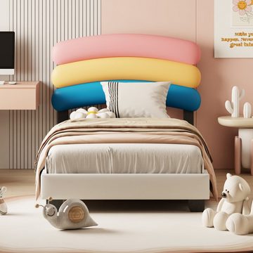 FUROKOY Kinderbett 90x200 cm Regenbogen-Polsterbett mit Lattenrost, PU-Leder Kinderbett für Jungen und Mädchen (ohne Matratze),Beige
