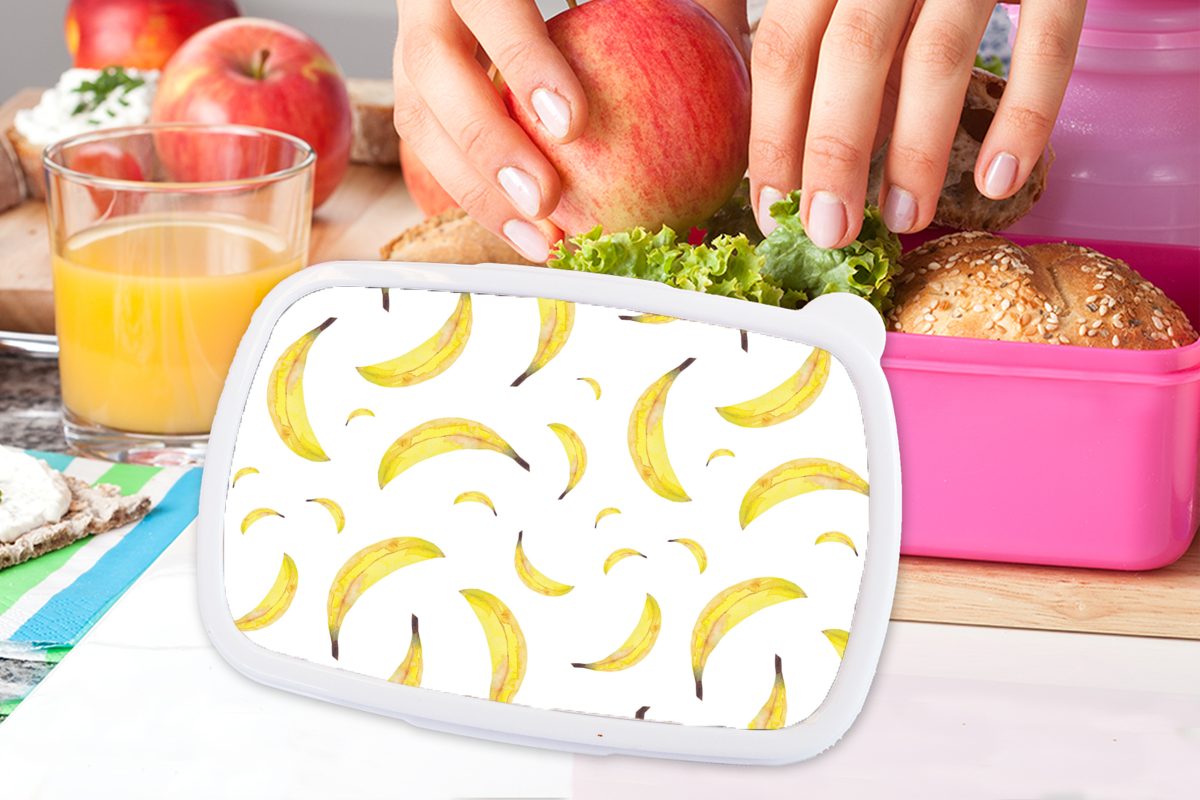 für Snackbox, (2-tlg), Bananen Obst Weiß, Kunststoff, - Erwachsene, Kinder, - Brotdose Mädchen, Brotbox MuchoWow Kunststoff rosa Lunchbox