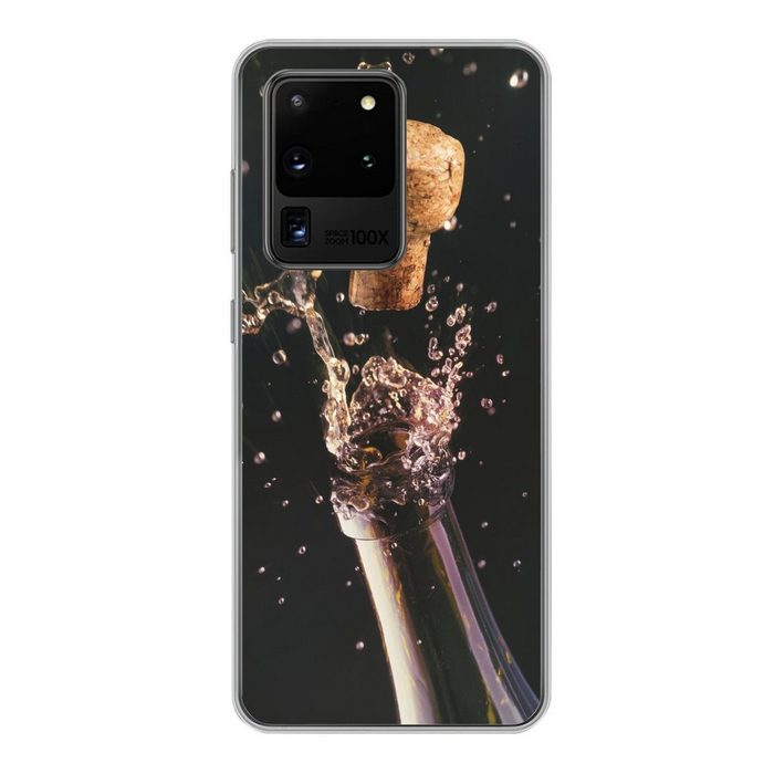 MuchoWow Handyhülle Ein Korken knallt aus einer Champagnerflasche Phone Case Handyhülle Samsung Galaxy S20 Ultra Silikon Schutzhülle