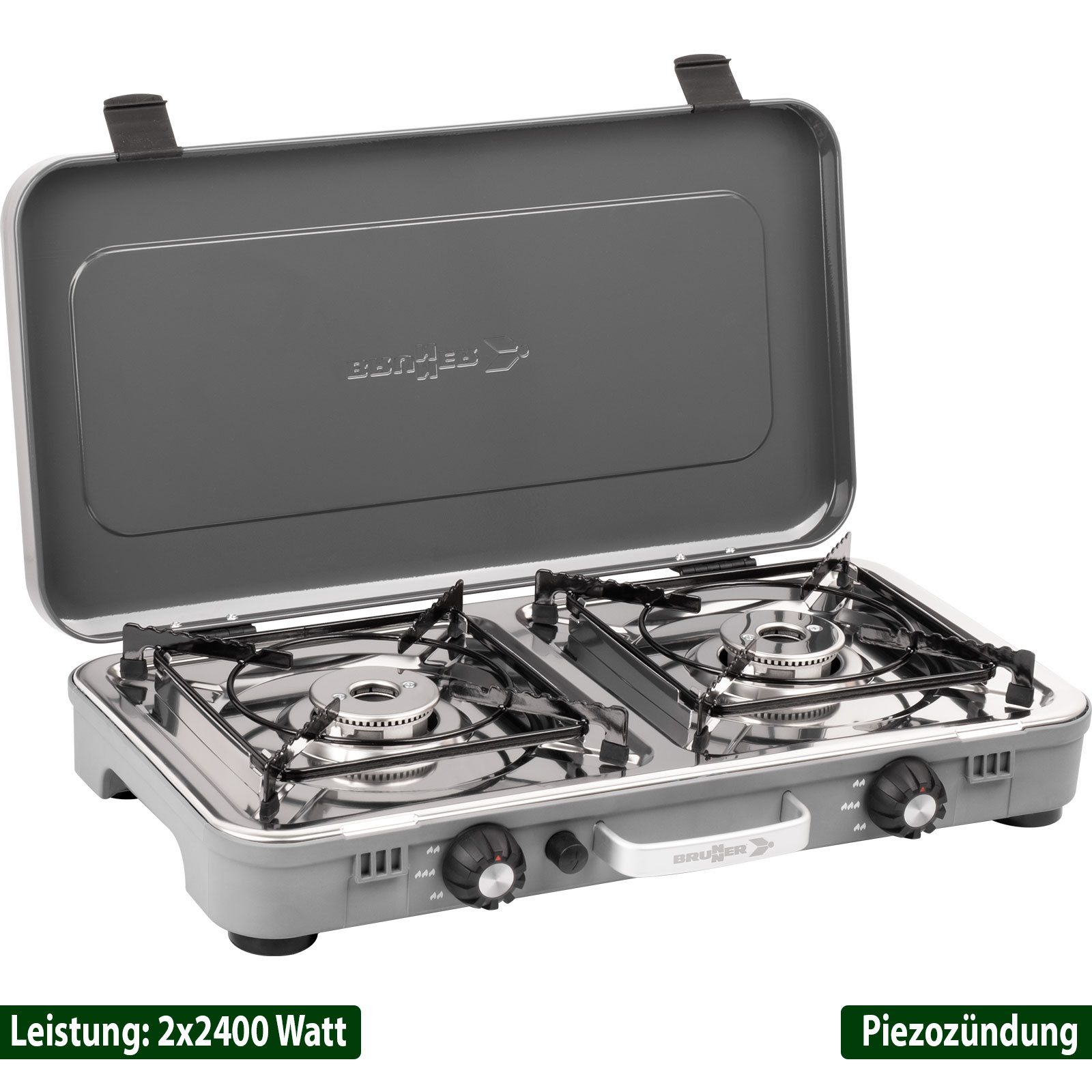 BRUNNER Gaskocher BRUNNER POWERKOOK Camping Gaskocher 2-flammig + Regler + Schlauch, (50mbar - Mit Gasregler + Gasschlauch)
