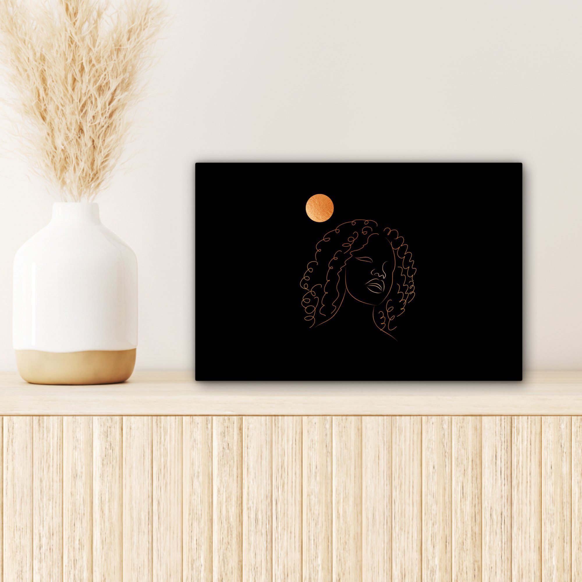 - Leinwandbilder, Leinwandbild Wanddeko, (1 30x20 cm Strichzeichnung Gold, Frau Mond - Wandbild OneMillionCanvasses® Aufhängefertig, St), - Schwarz und
