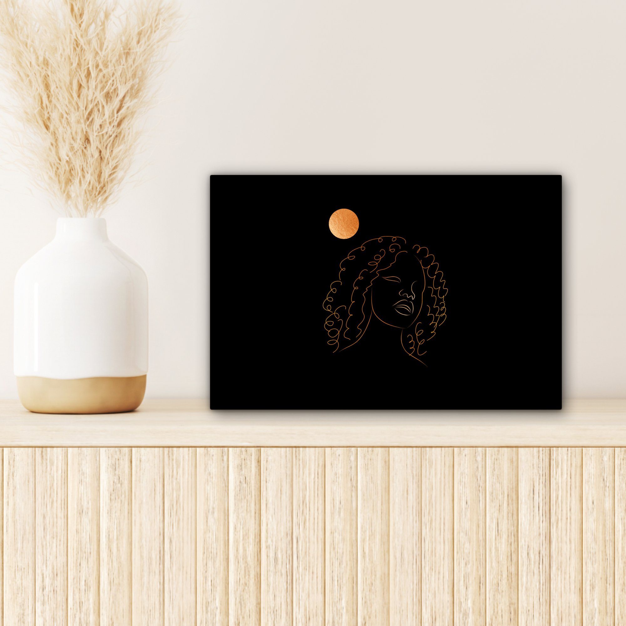 Wanddeko, Wandbild Leinwandbilder, Leinwandbild Schwarz 30x20 Frau Strichzeichnung St), - Mond OneMillionCanvasses® - und (1 - cm Gold, Aufhängefertig,