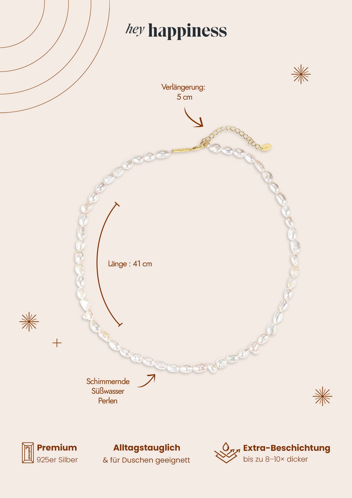 Hey Happiness Perlenkette mit weißen Süßwasserperlen, Collier 41-46 cm, 925er Silber Damen Halskette mit Perlen, Brautschmuck – Bild 4 von 5