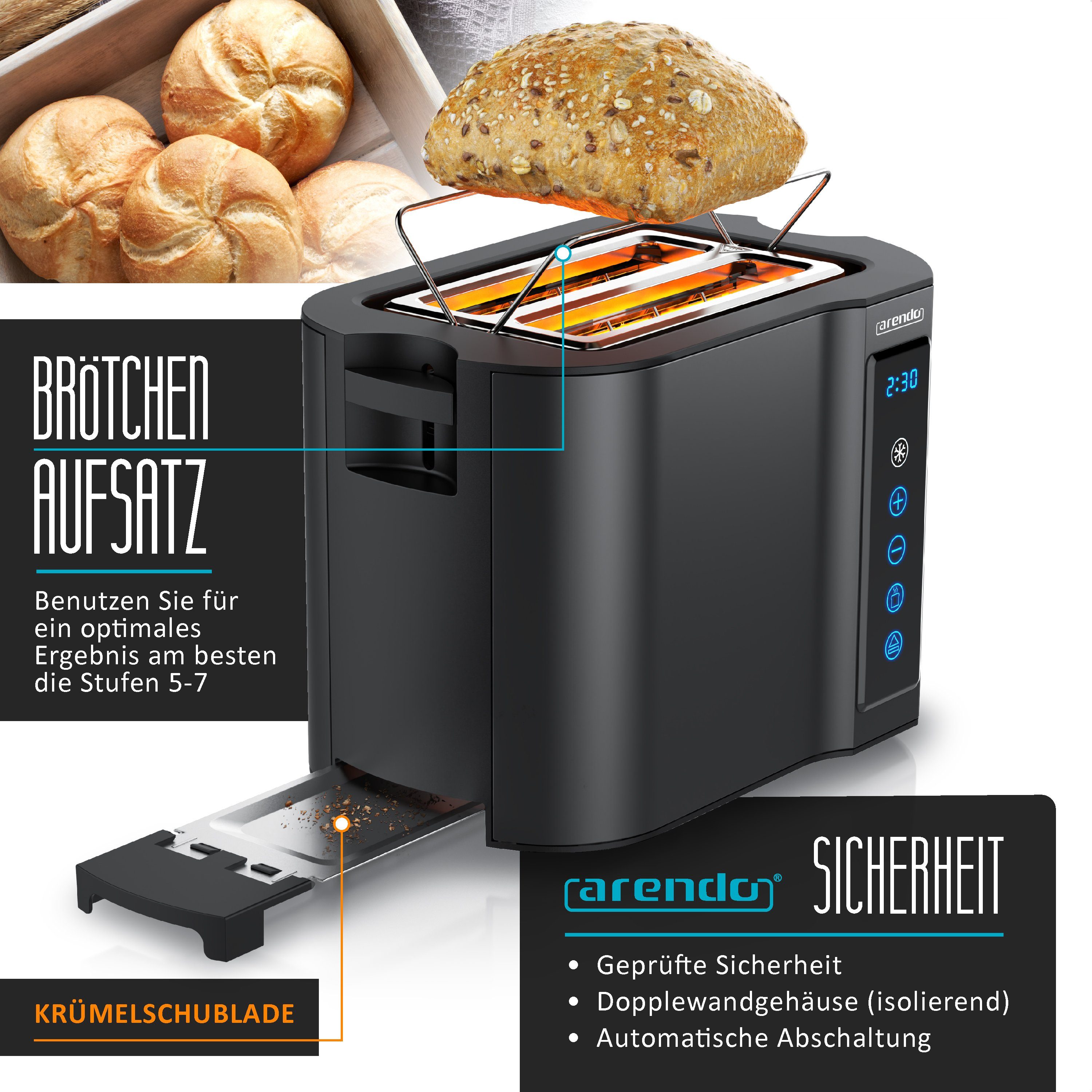 Arendo Toaster Wärmeisoliertes Doppelwandgehäuse, 2-Scheiben, Display Restzeitanzeige, 2 kurze Schlitze, für 2 Scheiben, 800 W, Edelstahl, Kurzschlitz, Brötchen – Bild 4 von 5