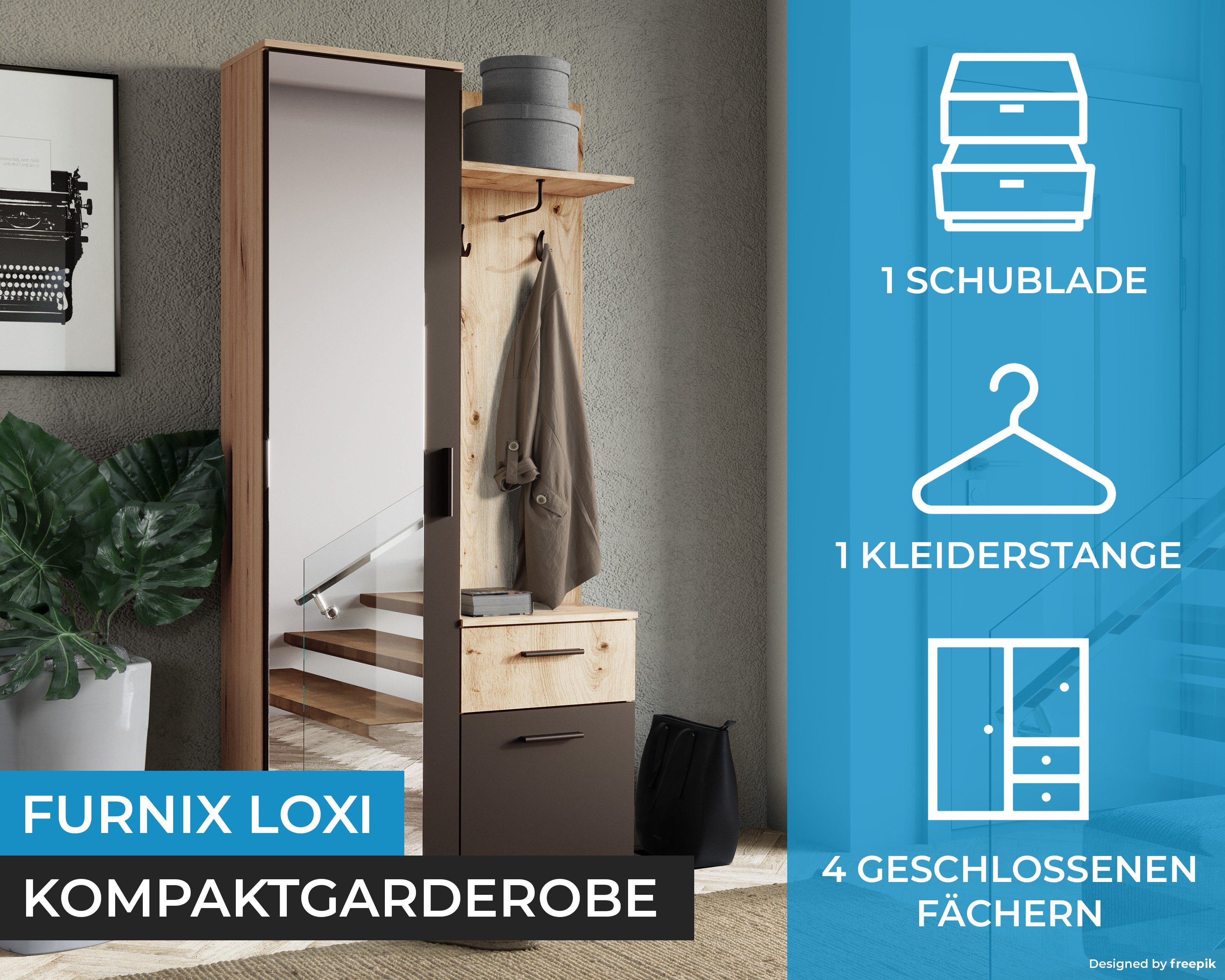 Furnix Kompaktgarderobe LOXI Garderobe Hutablage multifunktional Schublade, Schuhschrank, Schrank, platzsparend Spiegel, mit Artisan/Schwarz