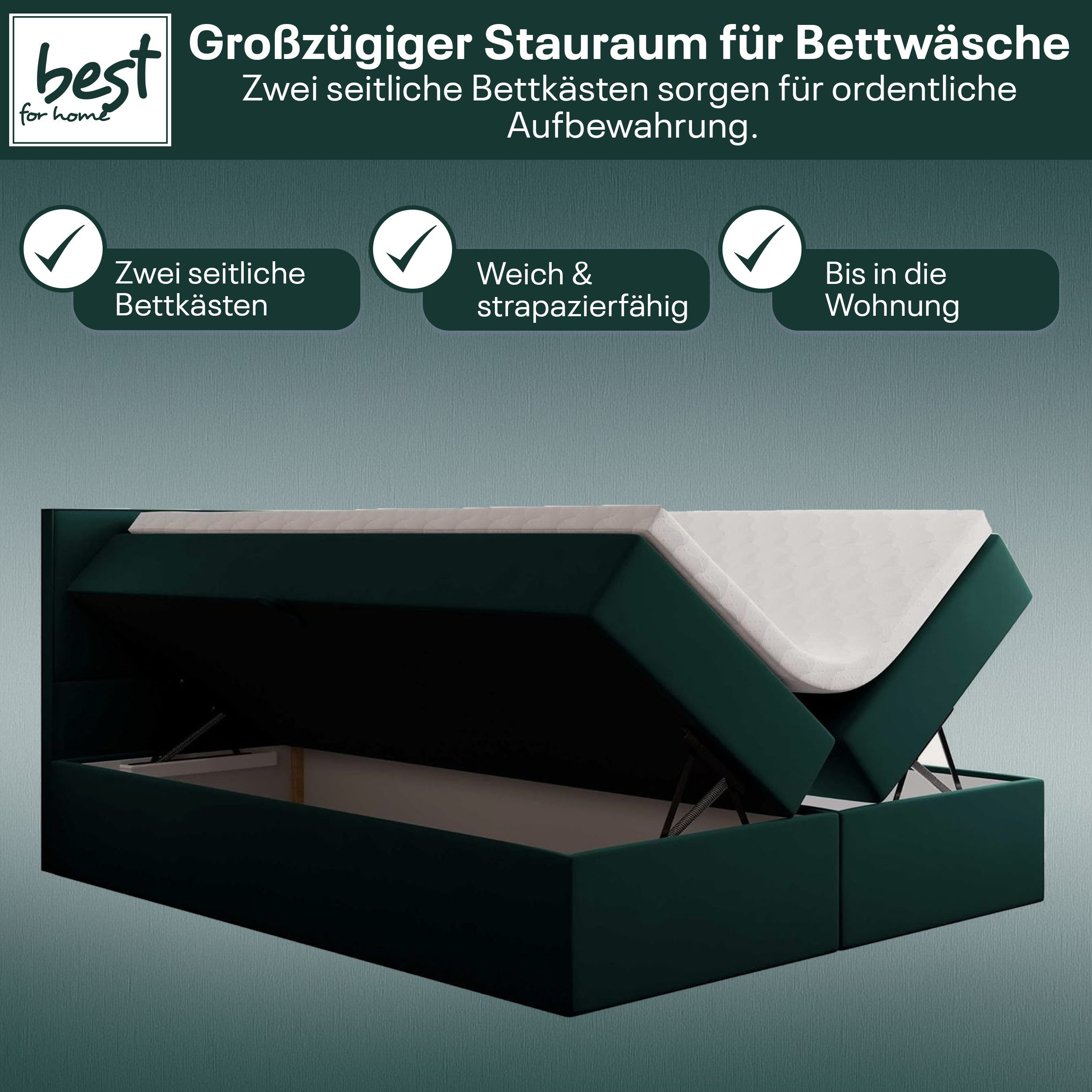 Best for Home Boxspringbett Boxspring bett mit Bonellfederkern&Komfort-Topper und Stauraum (1-teilig, 4-St., 140x200 160x200 180x200 200x200), Handwerksqualität, TOP Preis-Leistungs-Verhältnis