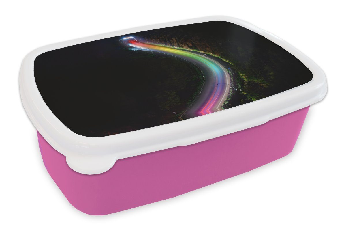 MuchoWow Lunchbox Regenbogenlicht auf der Straße, Kunststoff, (2-tlg), Brotbox für Erwachsene, Brotdose Kinder, Snackbox, Mädchen, Kunststoff rosa