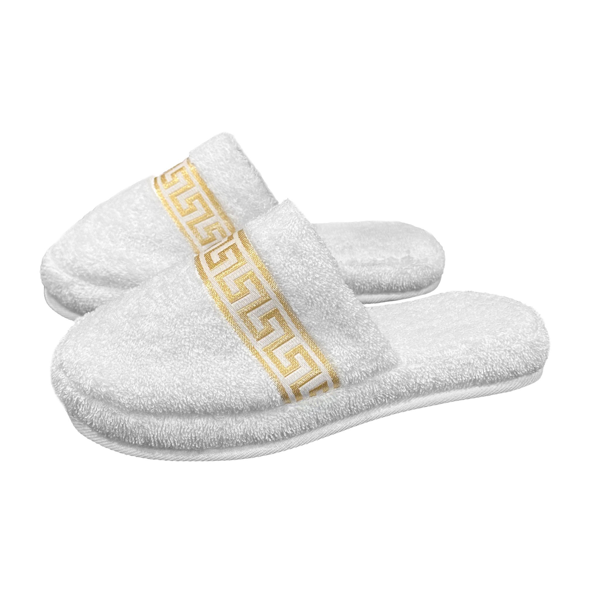 Belle Arti Luxus Gäste Hausschuhe Homeslipper Damen Herren Mäander weiss gold Spa Pantoffel – Bild 2 von 4