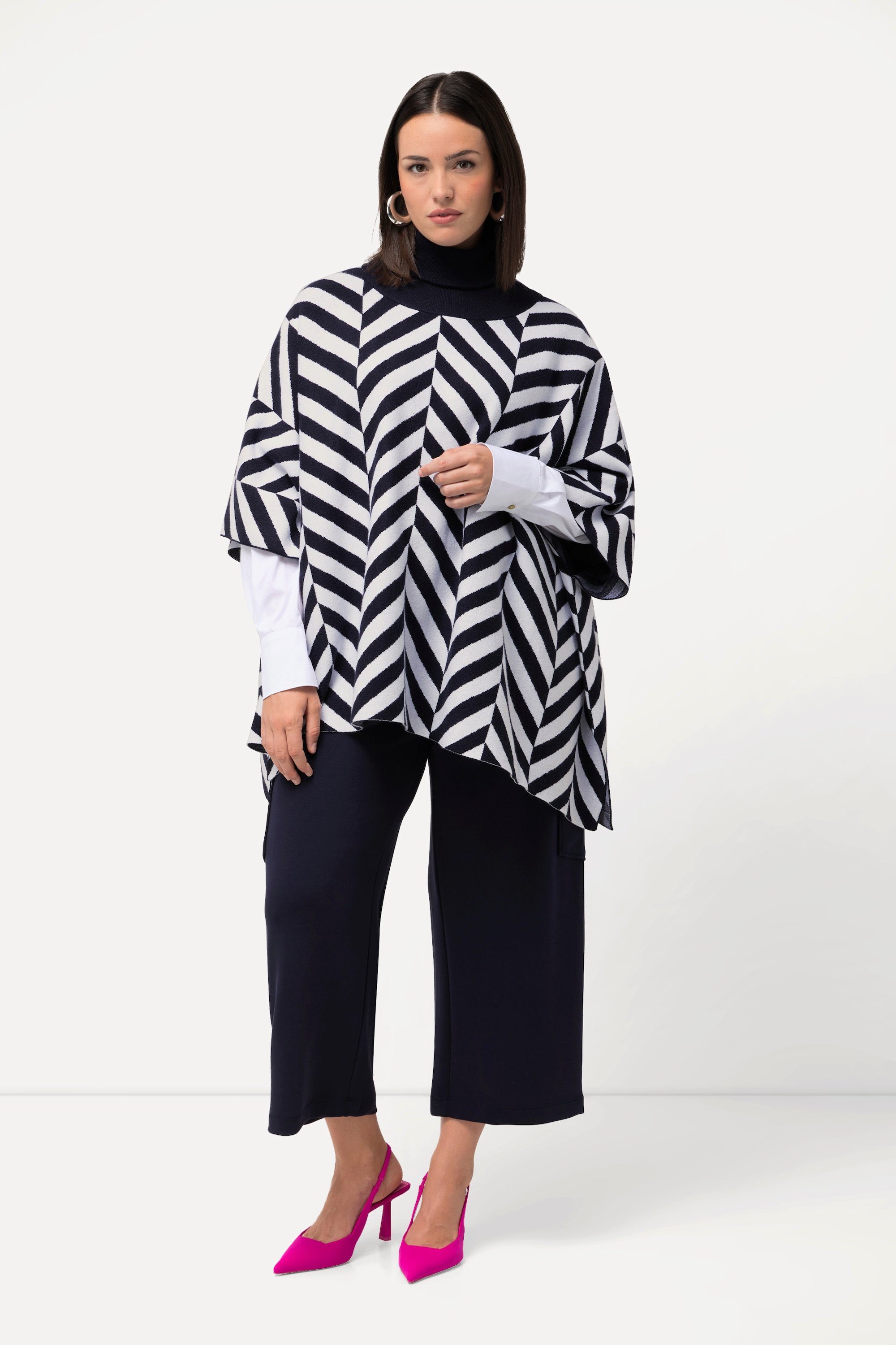 Ulla Popken Pullunder Strick-Cape Jacquard Rollkragen Poncho