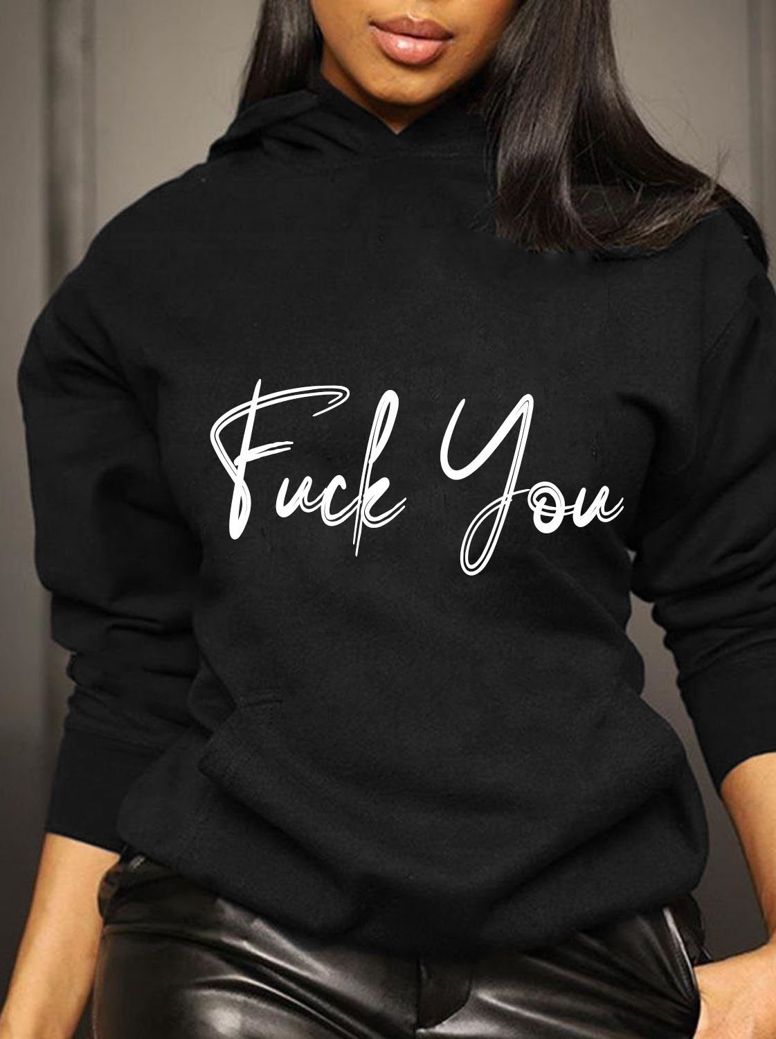 RMK Kapuzenpullover Damen Pullover Hoodie Pulli mit Kapuze "Fuck You" Aufdruck in Unifarben