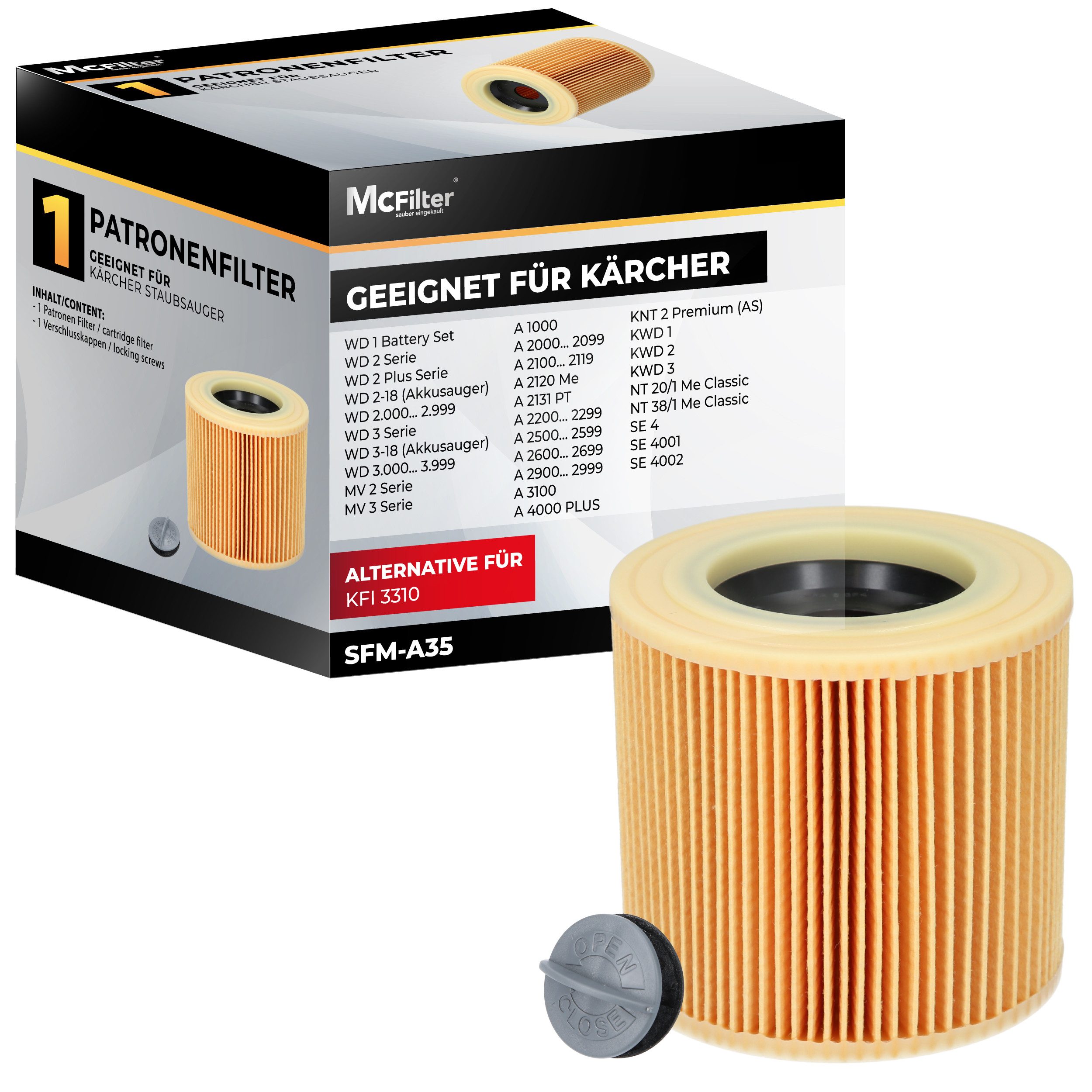McFilter Patronenfilter (1 Filter) Lamellenfilter passend für Kärcher, für Kärcher Nass-Trockensauger Staubsauger WD 3 Battery Premium Set, MV 2 3 P Premium Car Kit, wie Kärcher 6.414-552.0, 6.414-772.0, 6.414-547.0, (1-St., Filter + Verschlussschraube),