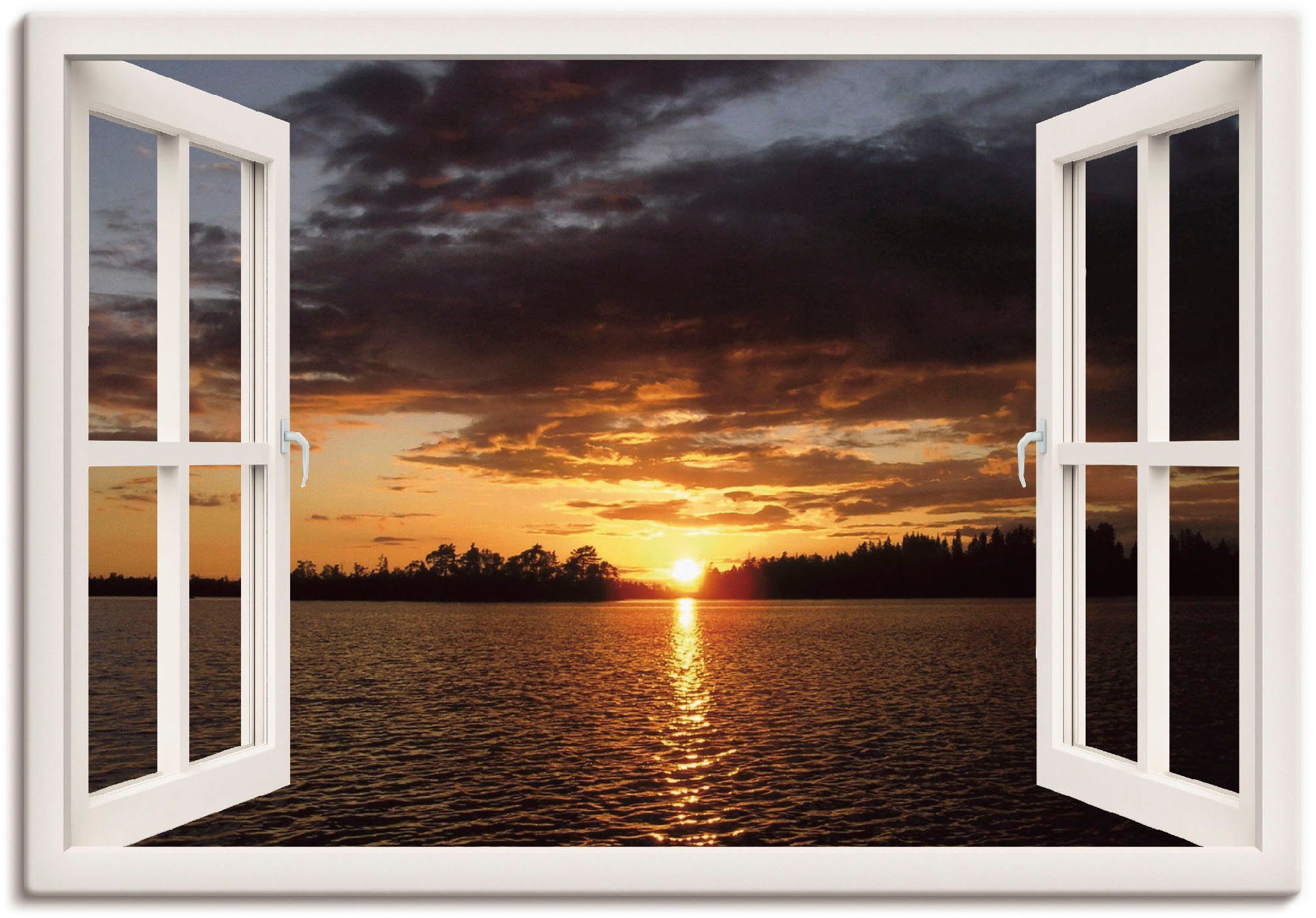 Artland Wandbild Sonnenuntergang am See mit Fenster, Seebilder (1 St), als  Alubild, Leinwandbild, Wandaufkleber oder Poster in versch. Größen, Fertig  zum Aufhängen für einfache Montag