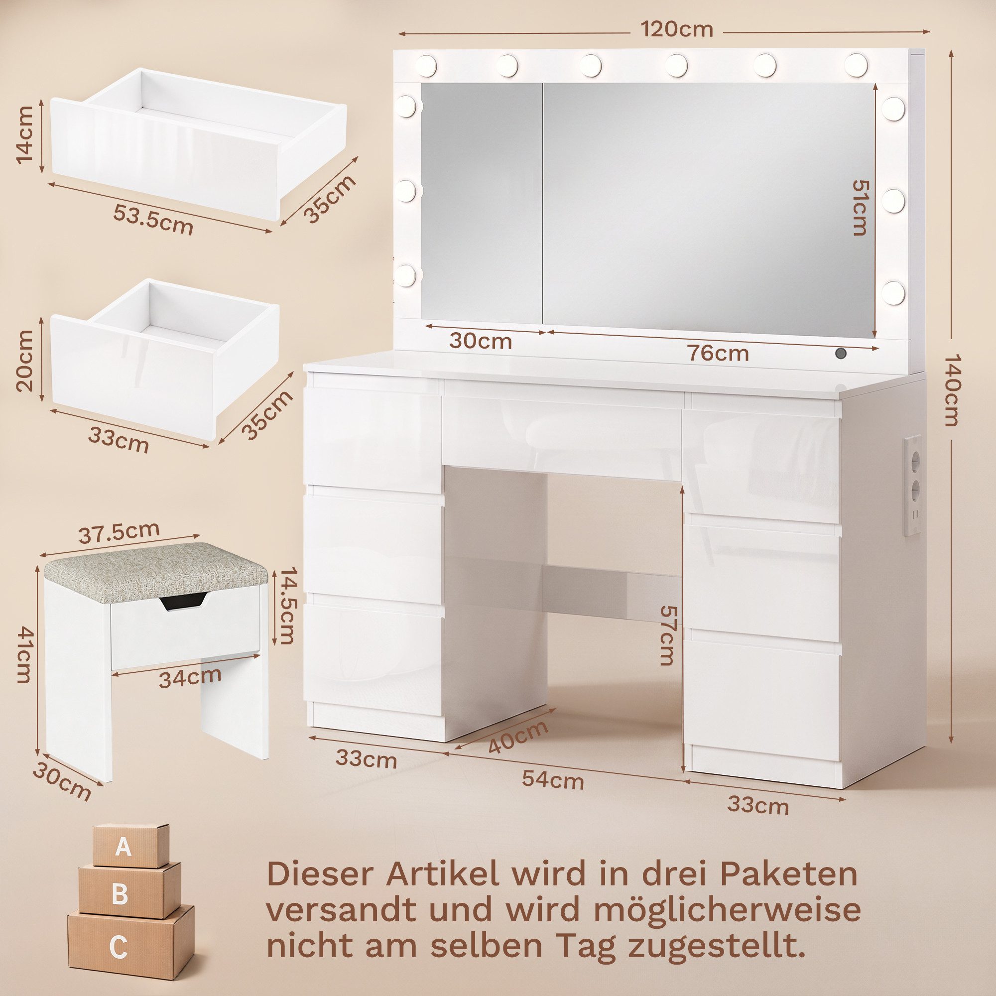 HOMALL Schminktisch Frisiertisch mit Hochglanzoberfläche, LED-Beleuchtung, mit Schmuckfach (Maße: 120 × 40 × 140 cm, mit 7 Schubladen, 2 Steckdosen, 1 USB-Ansch – Bild 2 von 5