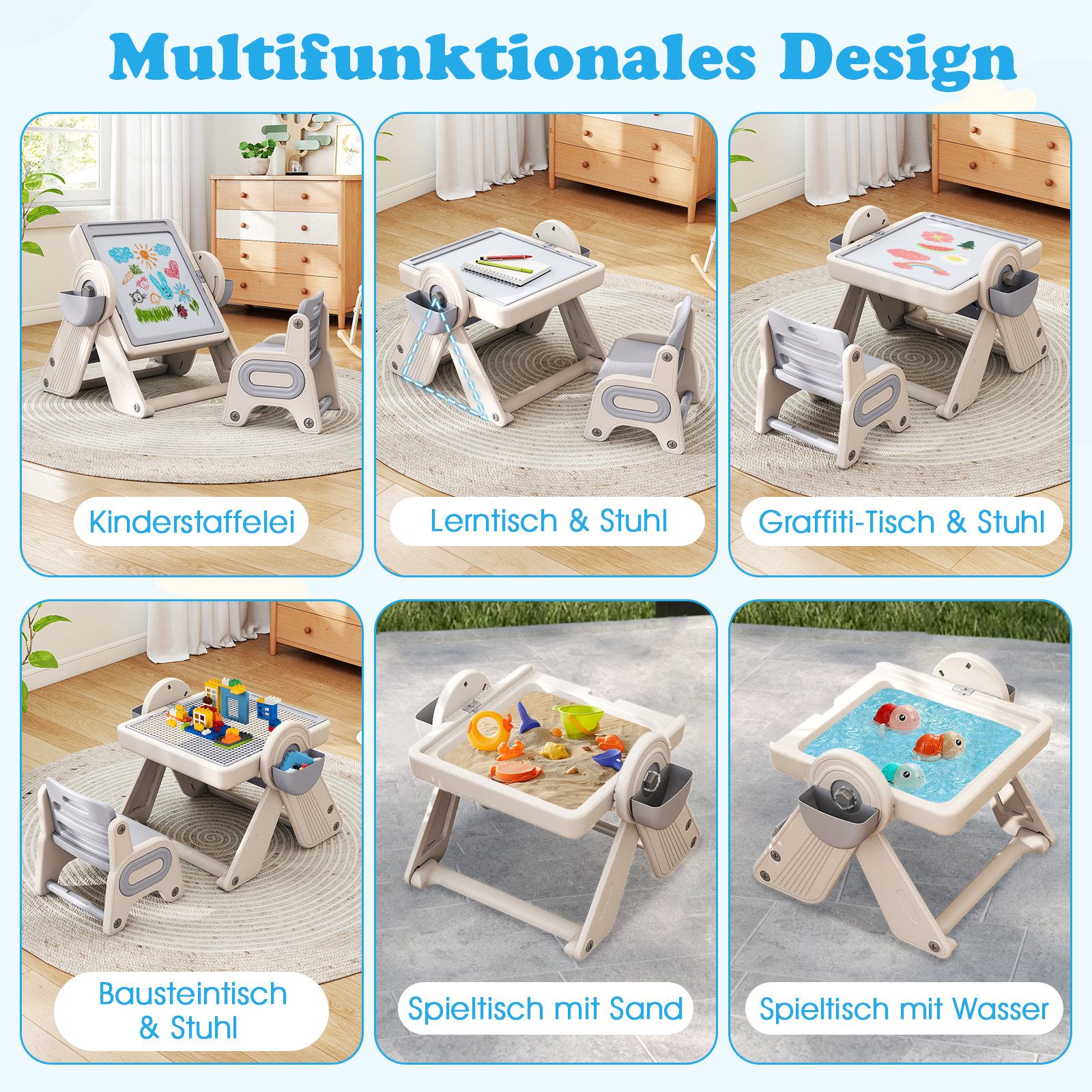 COSTWAY Kindersitzgruppe, (2-tlg), 6-in-1 Kindertisch Set mit Stuhl, klappbar