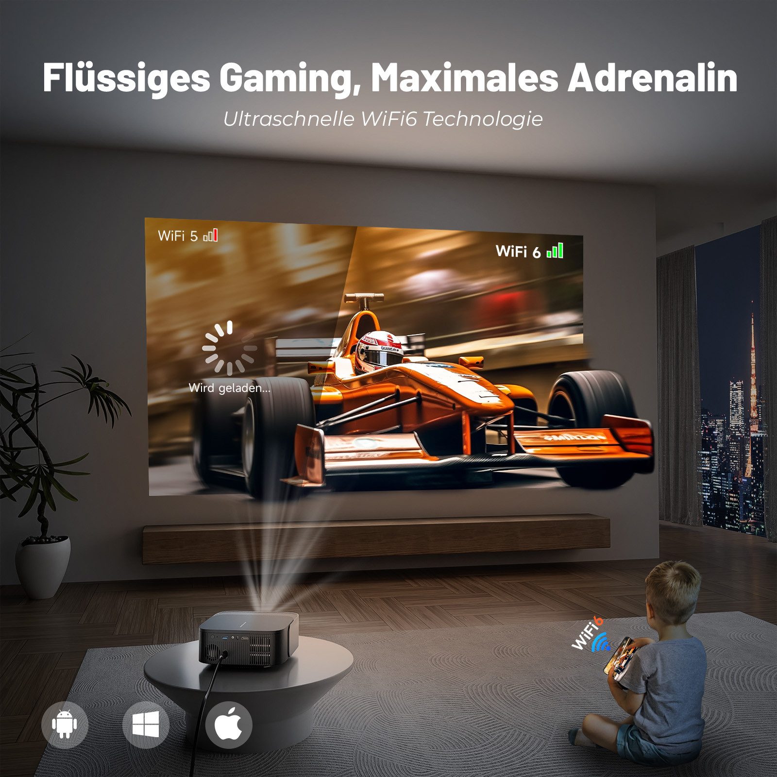 ZOOMCAT ZOOMCAT E1 Beamer 4K Mit Netflix Zertifizierung Beamer (25000 lm, 25000 : 1, 3840x2160, 1920x1080 px, Elektrische Fokussierung, 4D 4P elektronische Trapezkorrektur) schwarz